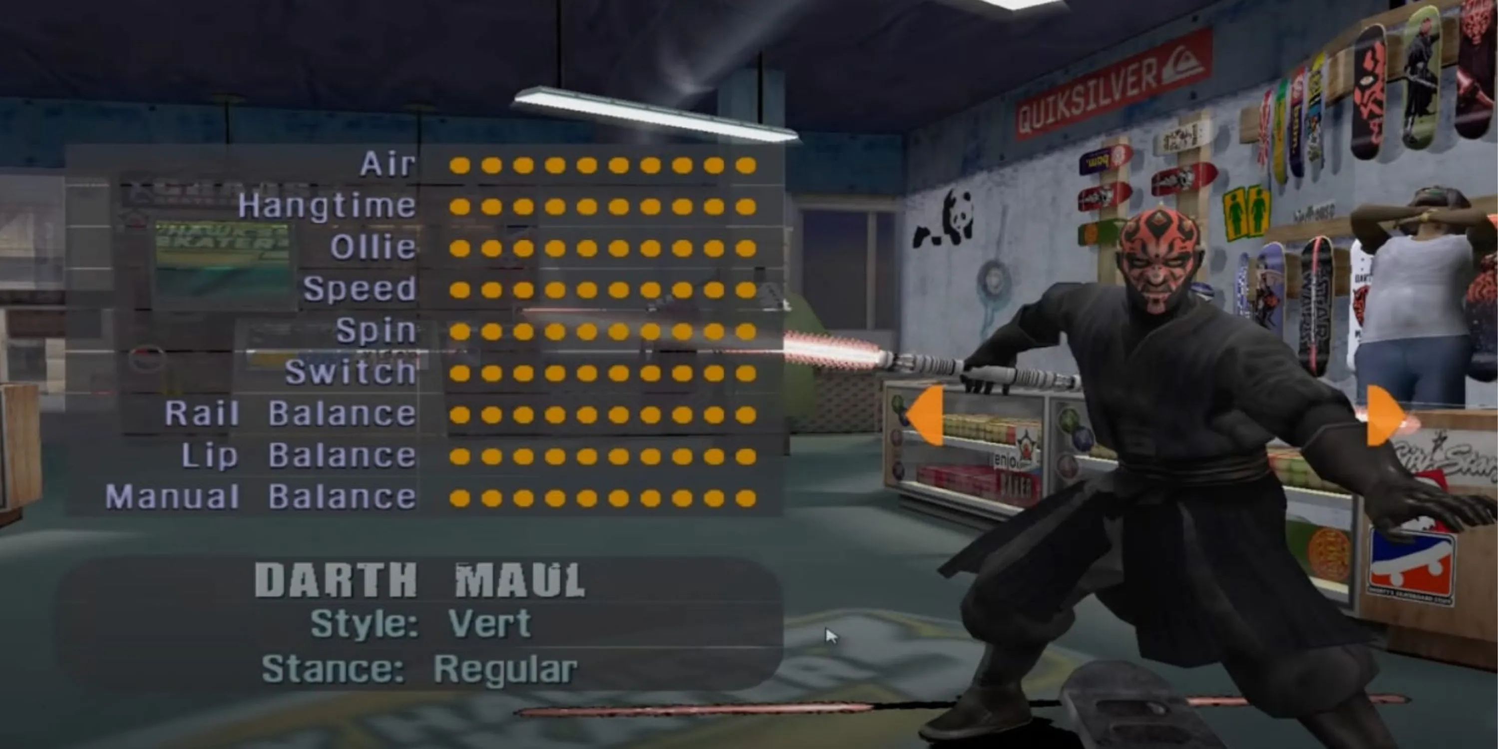 Darth Maul đứng trong cửa hàng trượt ván cùng với bảng chỉ số của anh ta trong Tony Hawk's Pro Skater 3
