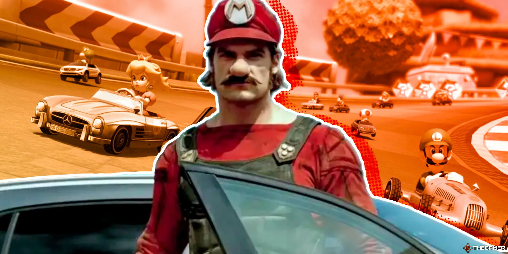 Diễn viên đóng vai Mario trong quảng cáo Mario Kart 8 X Mercedes-Benz Nhật Bản cùng Luigi và Peach đua xe trong Mario Kart 8 trên xe Mercedes-Benz