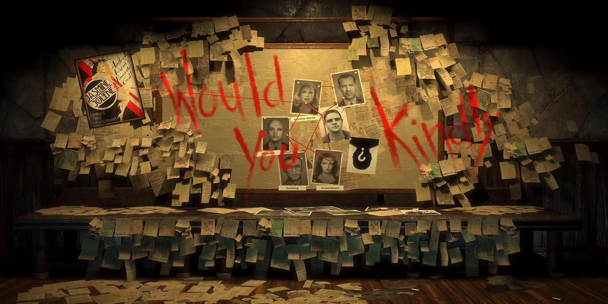 Dòng chữ &quot;Would You Kindly&quot; được viết bằng máu trên tường trong BioShock, gợi nhắc về twist cốt truyện kinh điển và sự thao túng