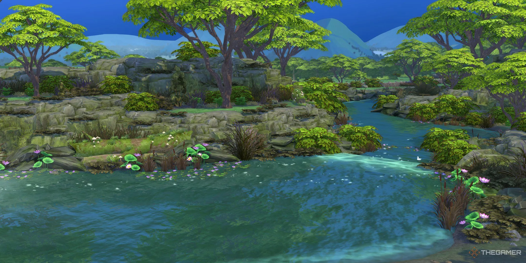 Dòng sông chảy qua những hàng cây ở Rừng Sprucederry trong The Sims 4 Enchanted By Nature.