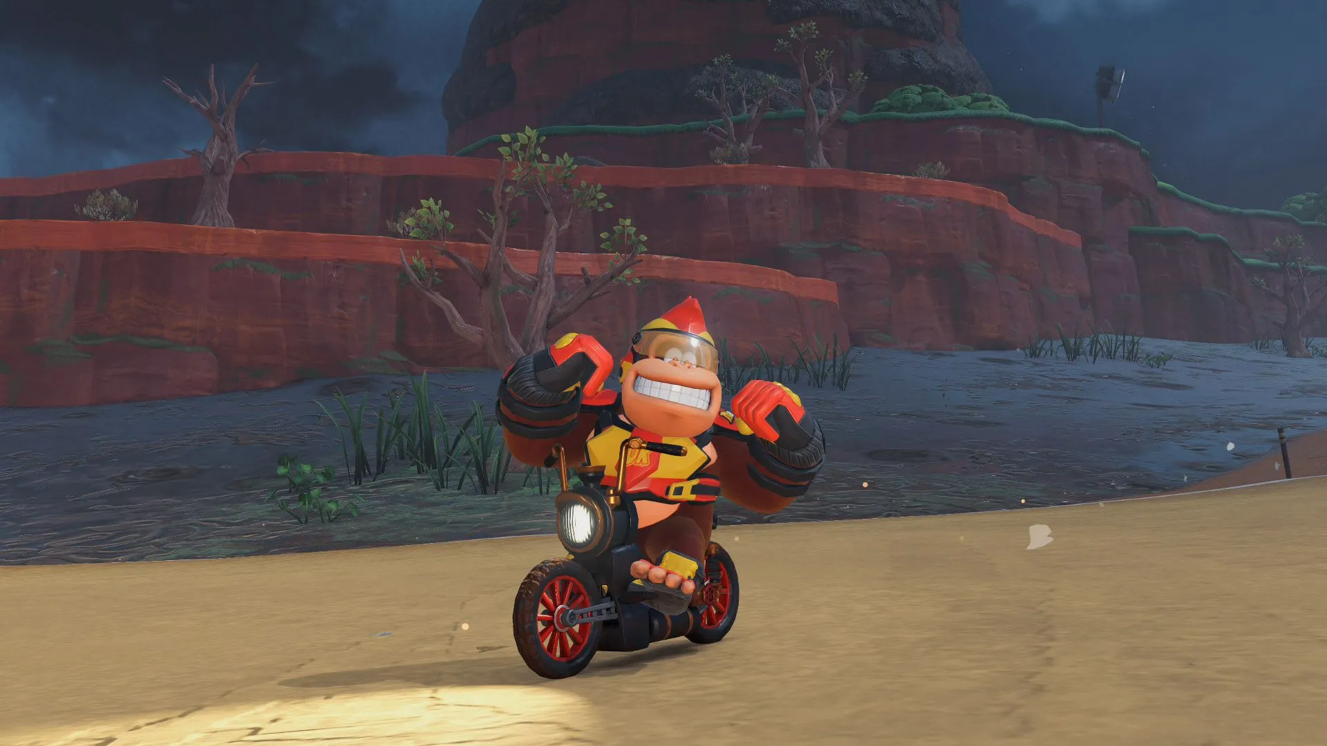 Donkey Kong với xe máy thiết kế mới, thể hiện sự đa dạng nhân vật và phương tiện trong Mario Kart World
