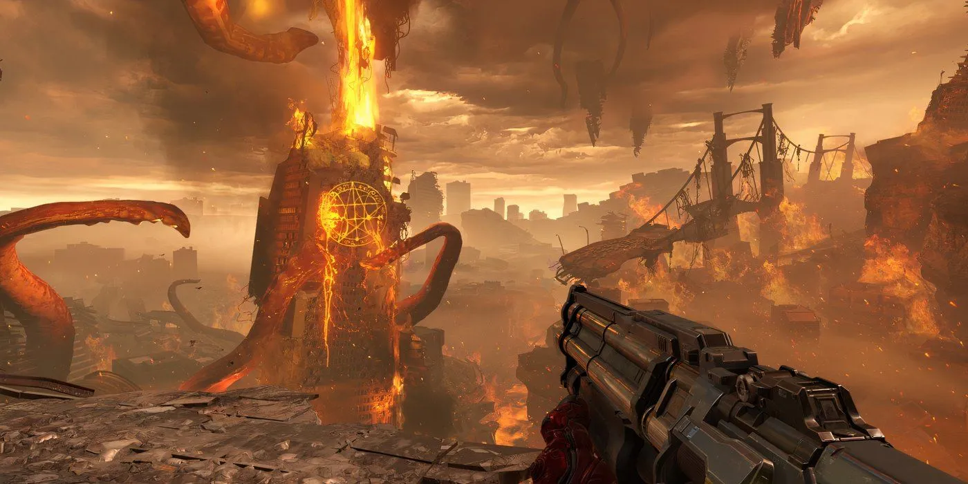 Doom Slayer đứng giữa thành phố bị quỷ xâm chiếm trong DOOM Eternal, thể hiện sự tàn khốc của cuộc chiến chống lại Hell