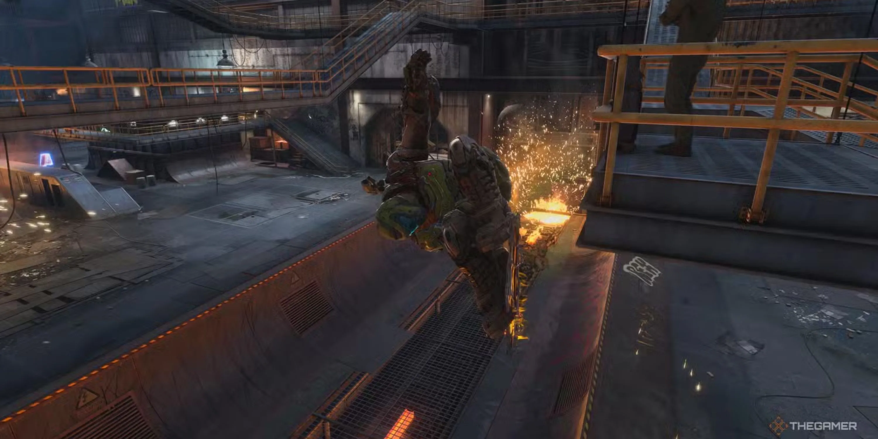 Doom Slayer thực hiện cú melon grab trên dốc tại The Foundry trong Tony Hawk's Pro Skater 3+4