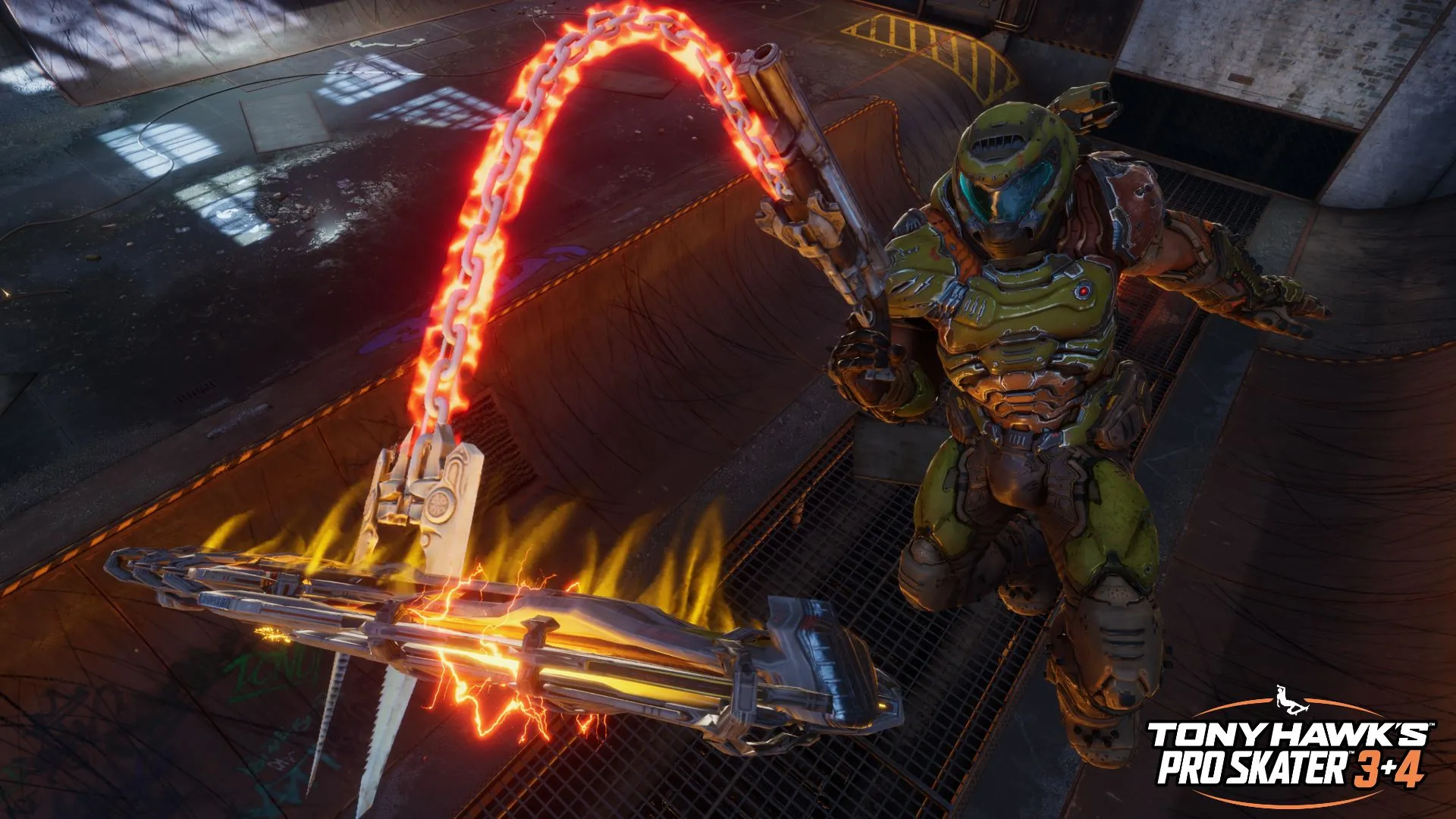 Doom Slayer trượt ván trong màn Foundry, thể hiện đồ họa nâng cấp của THPS 3 + 4 Remaster