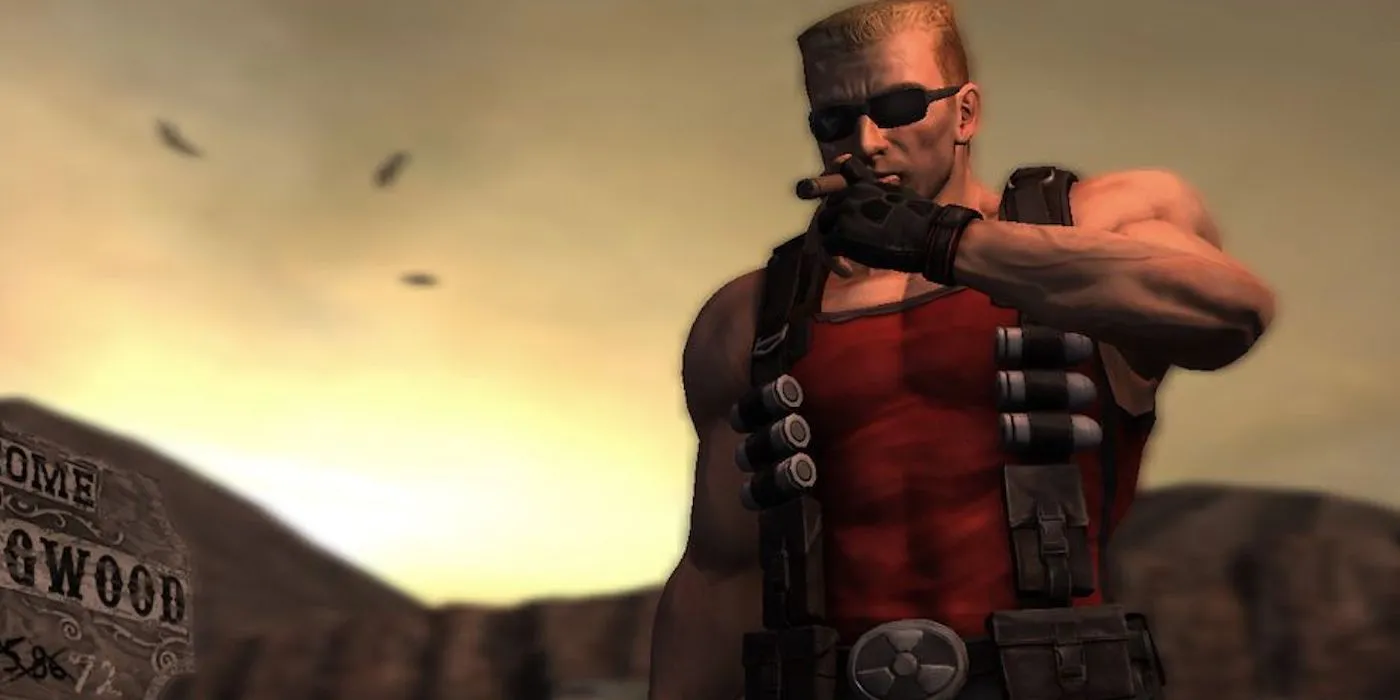 Duke Nukem đang hút xì gà, biểu tượng của sự chờ đợi mòn mỏi trong quá trình phát triển Duke Nukem Forever.