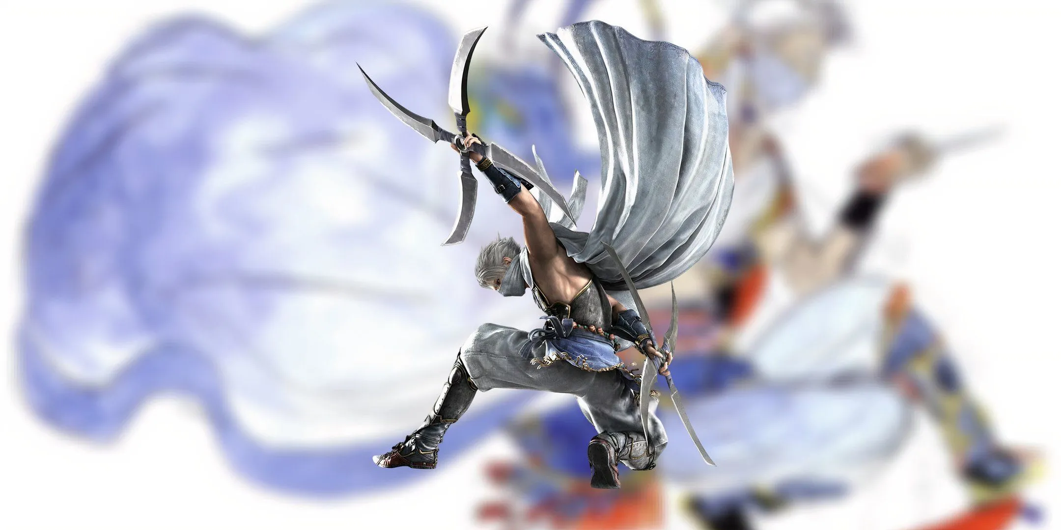 Edge Geraldine quay lưng về phía máy ảnh, cầm hai phi tiêu lớn trong vai trò ninja từ Final Fantasy 4.