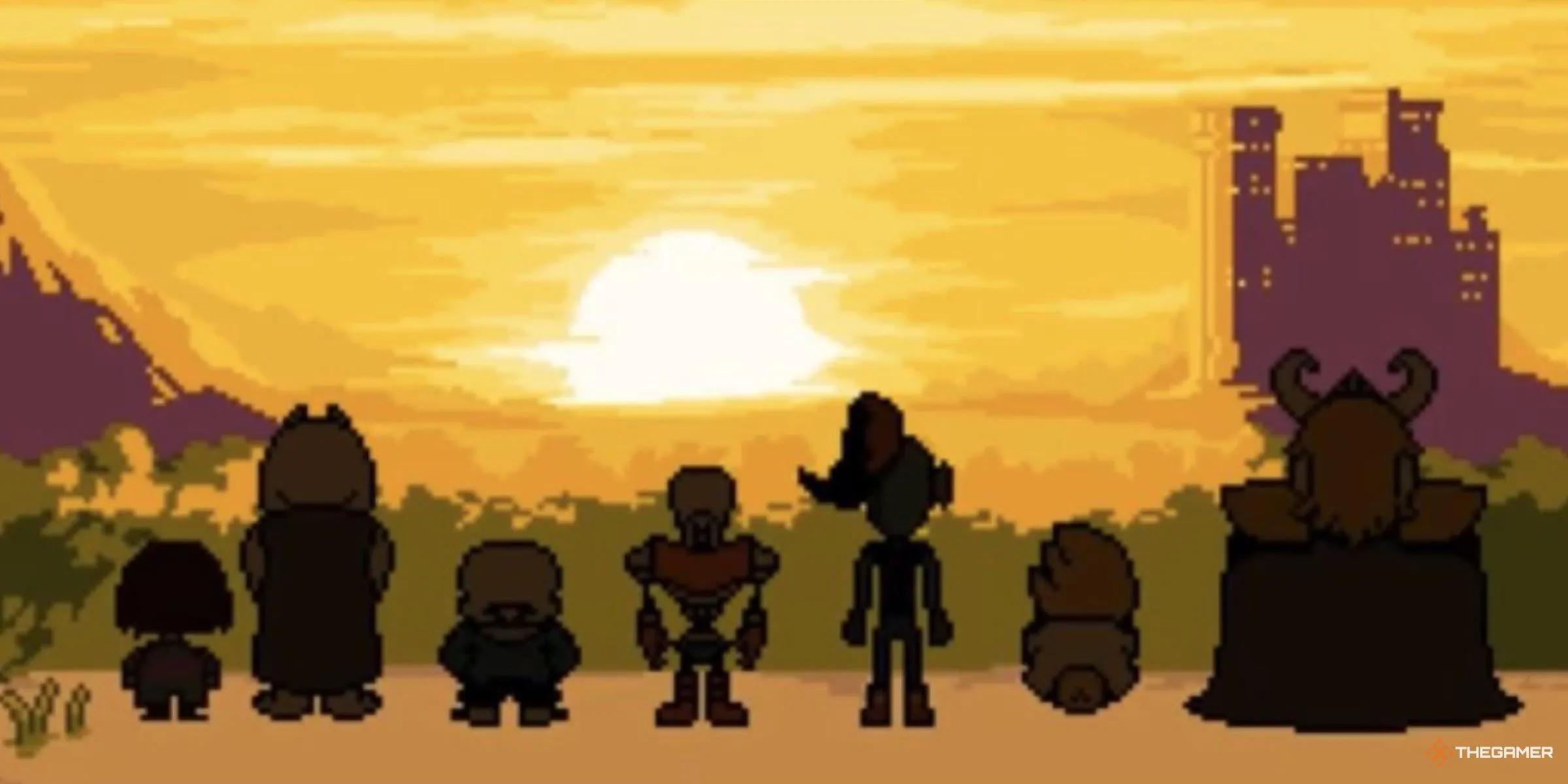 Frisk, Toriel, Sans, Papyrus, Undyne, Alphys và Asgore ngắm hoàng hôn vào cuối Undertale, cảnh tượng bình yên sau cuộc hành trình đầy cảm xúc.