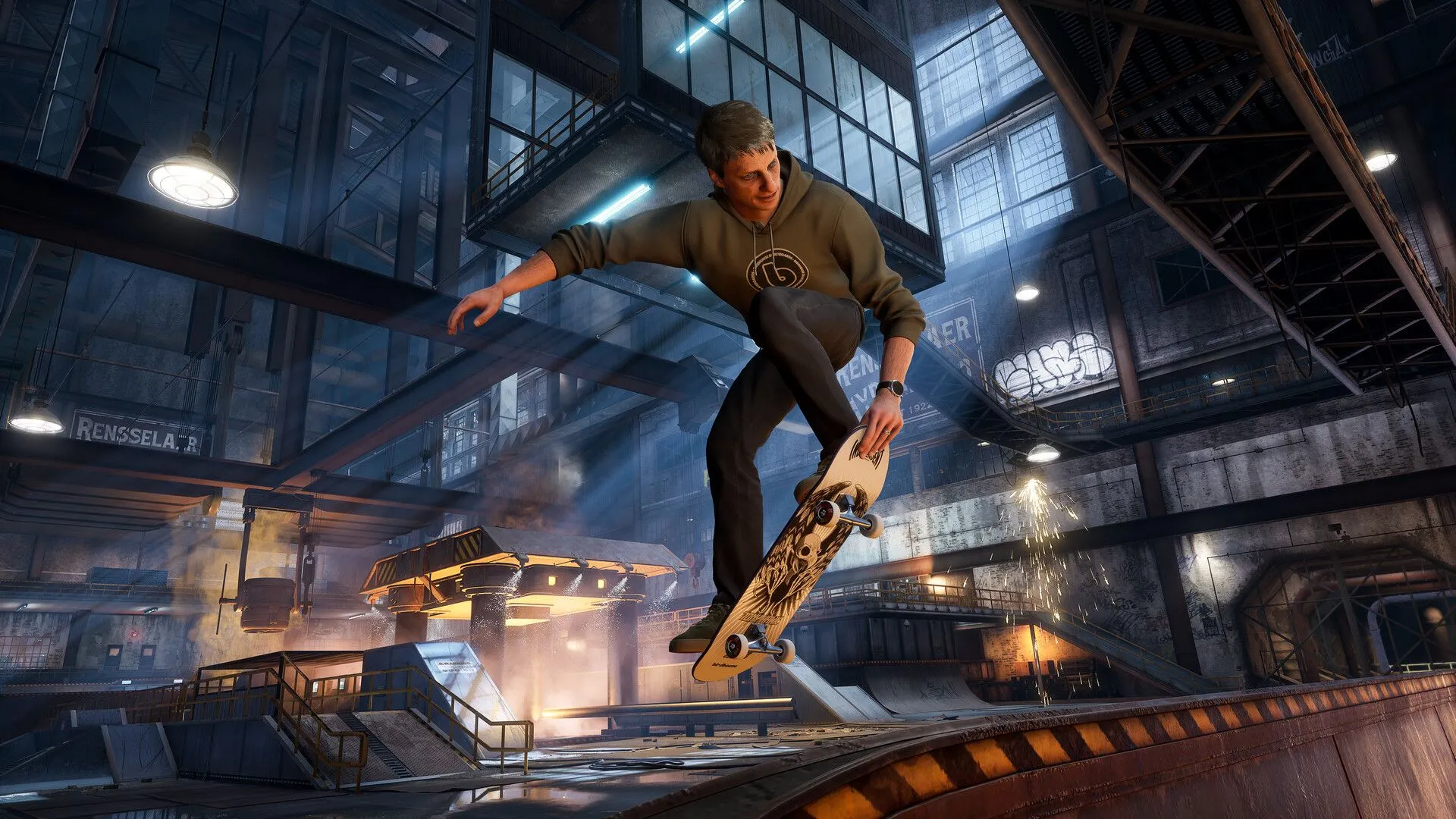 Game thủ điều khiển nhân vật thực hiện cú grind trên thanh sắt cao trong Tony Hawk's Pro Skater 3 + 4, minh họa lối chơi tốc độ.