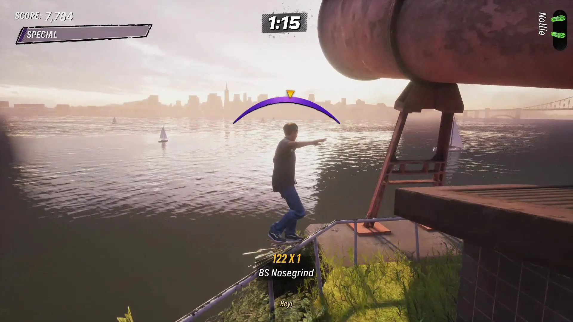 Game thủ thực hiện cú Nosegrind trên thanh chắn gần còi sương mù tại Alcatraz trong THPS 3 + 4