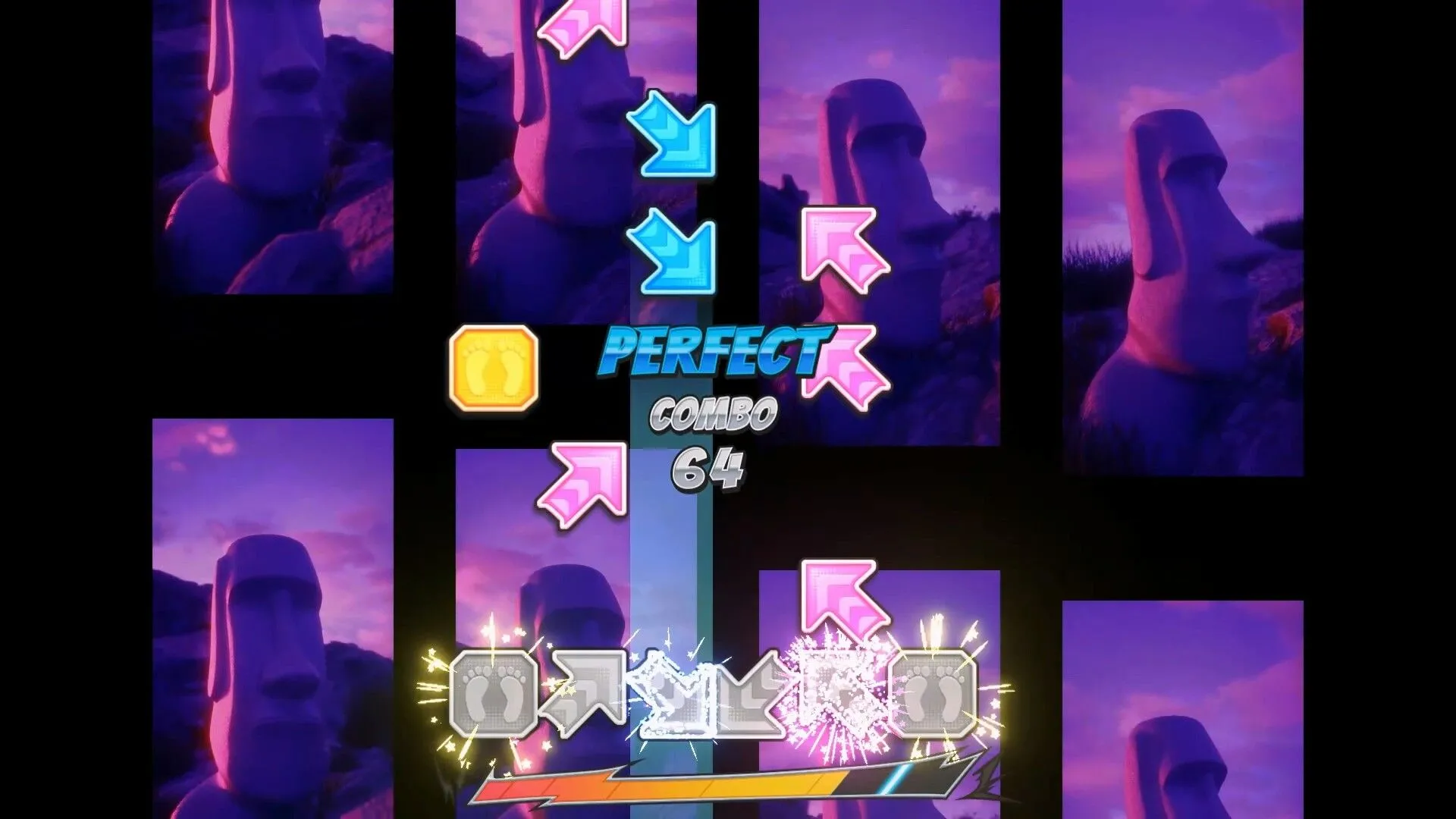Gameplay Pump It Up Rise trên PC hiển thị giao diện note chart và hệ thống điểm, minh họa trải nghiệm nhịp điệu với bàn phím hoặc controller