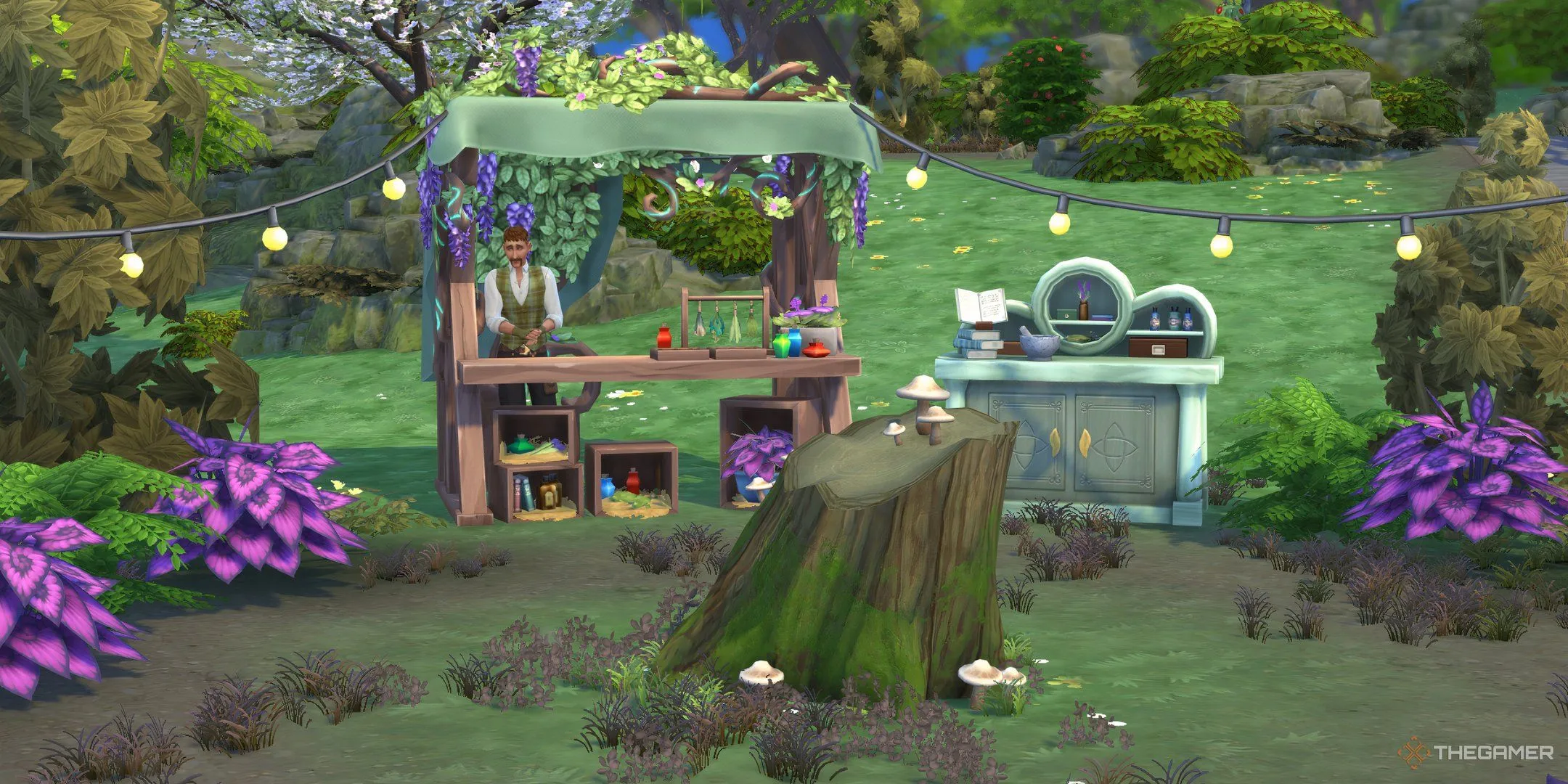 Gian hàng bào chế thuốc và người trông coi ở Rừng Sprucederry trong The Sims 4 Enchanted By Nature.