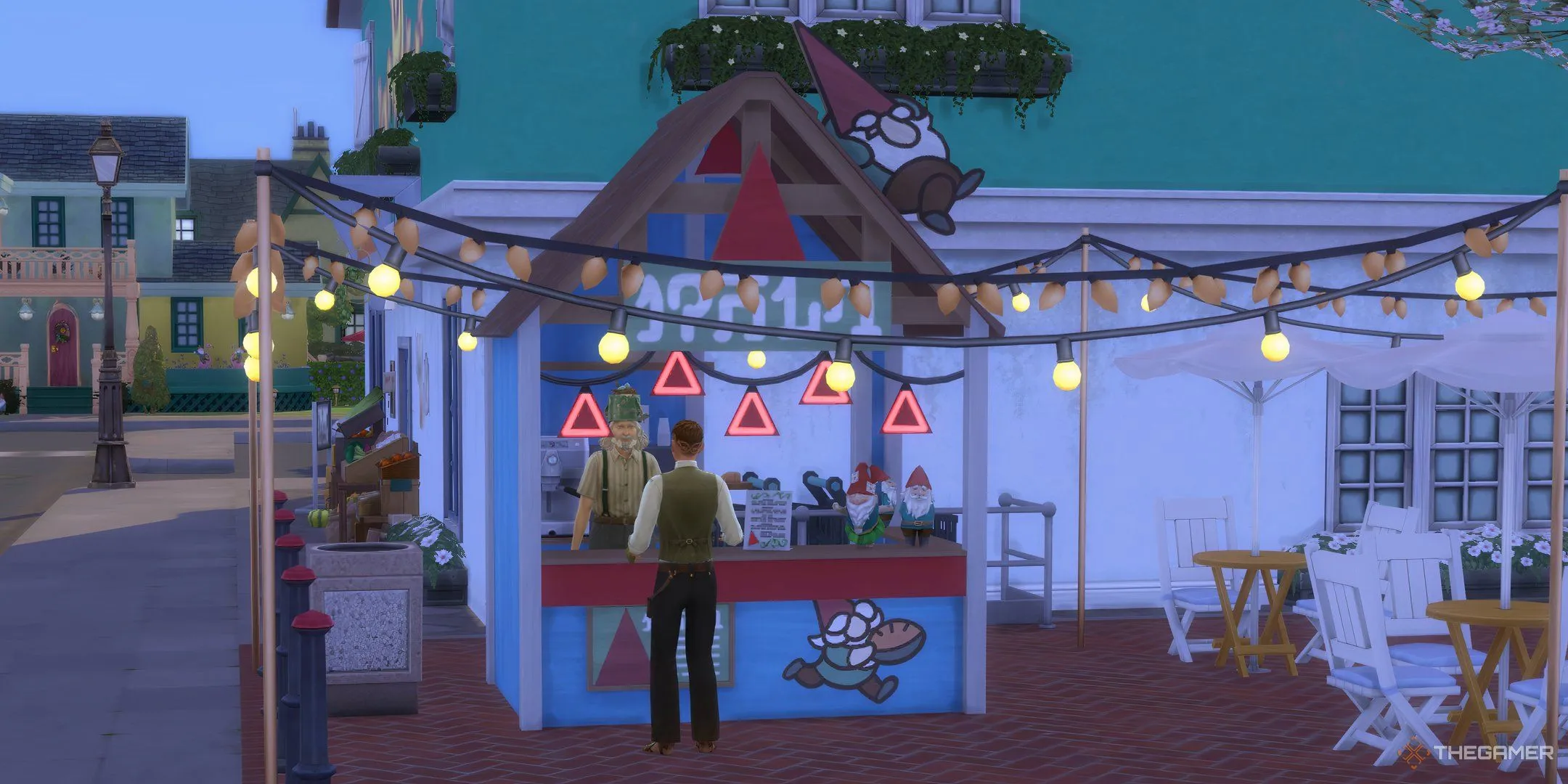 Gian hàng Gnum Gnums với bức tượng gnome khổng lồ ở Bờ biển Adhmor trong The Sims 4 Enchanted By Nature.