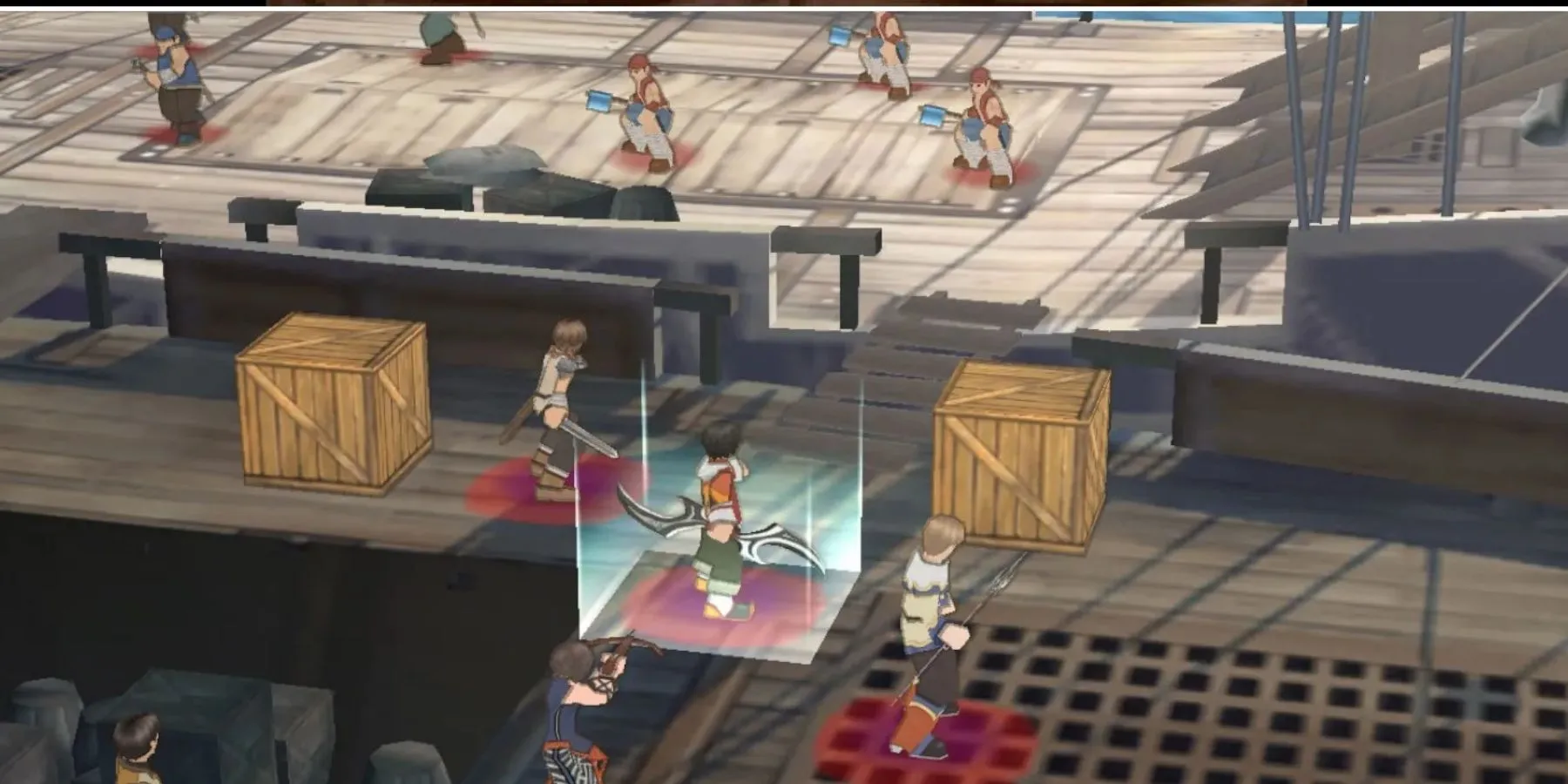 Giao diện chiến đấu theo lượt isometric đặc trưng của Suikoden Tactics.