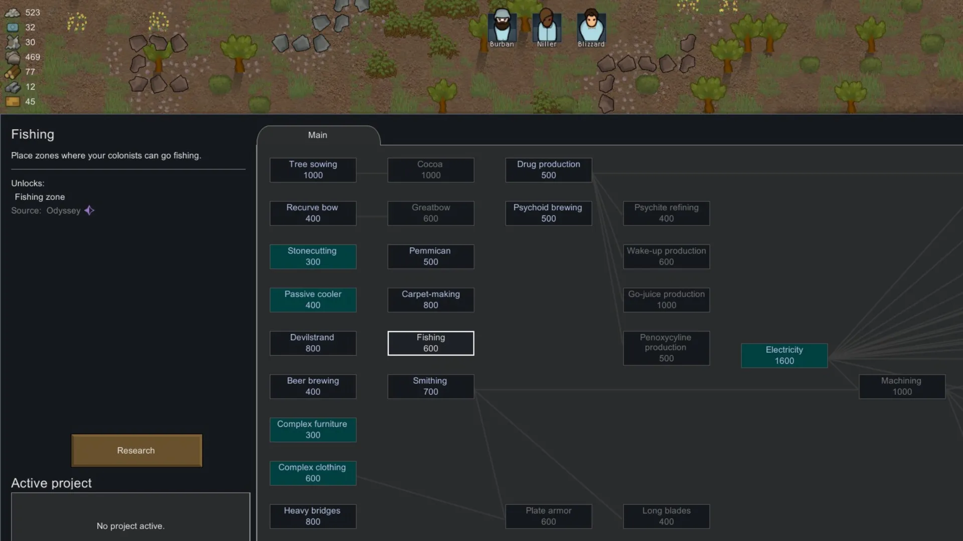 Giao diện nghiên cứu Fishing Node trong RimWorld Odyssey, cho thấy vị trí trong cây công nghệ