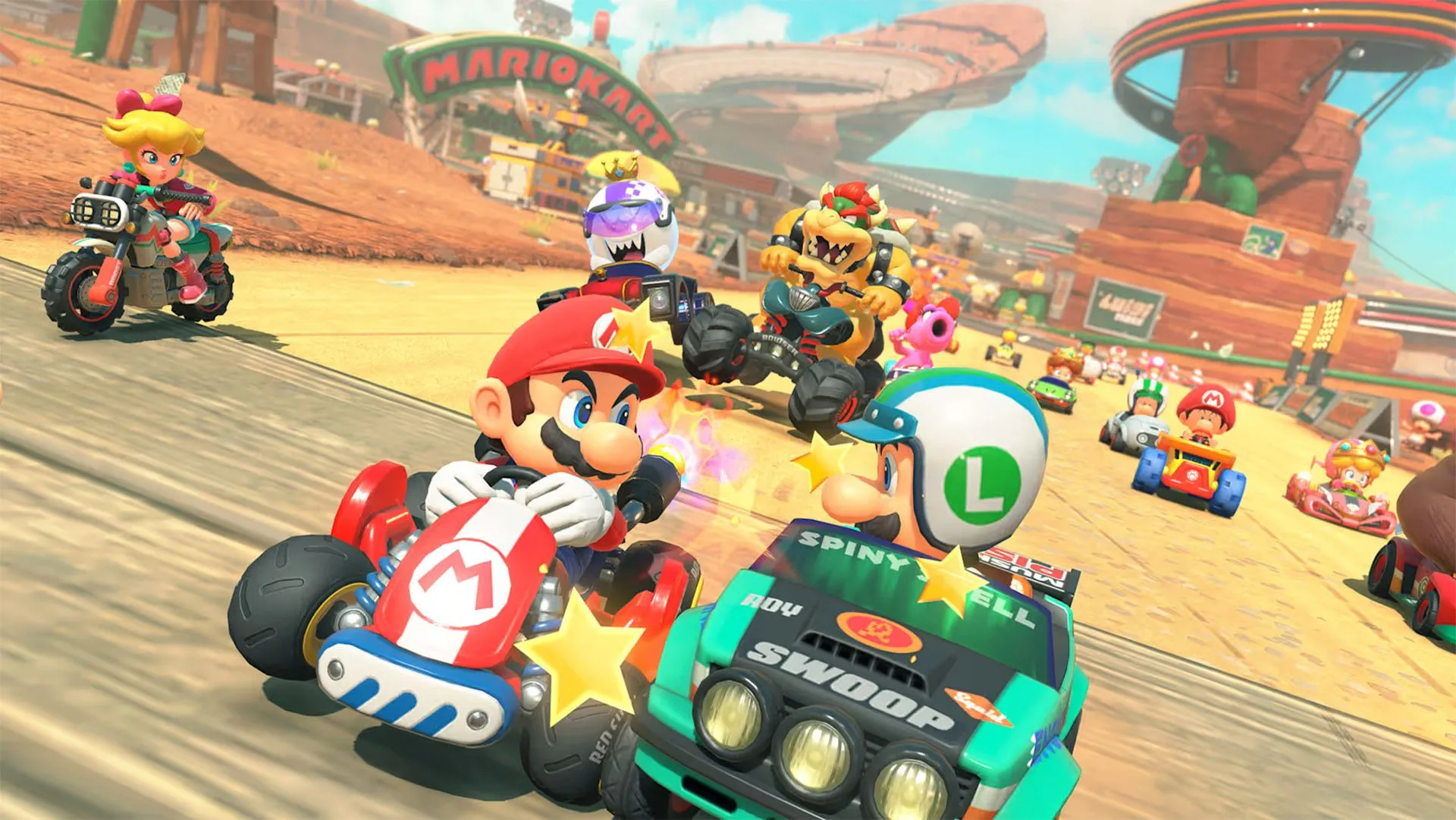Giao diện sảnh chờ thế giới mở đầy sáng tạo trong chế độ chơi trực tuyến của Mario Kart World