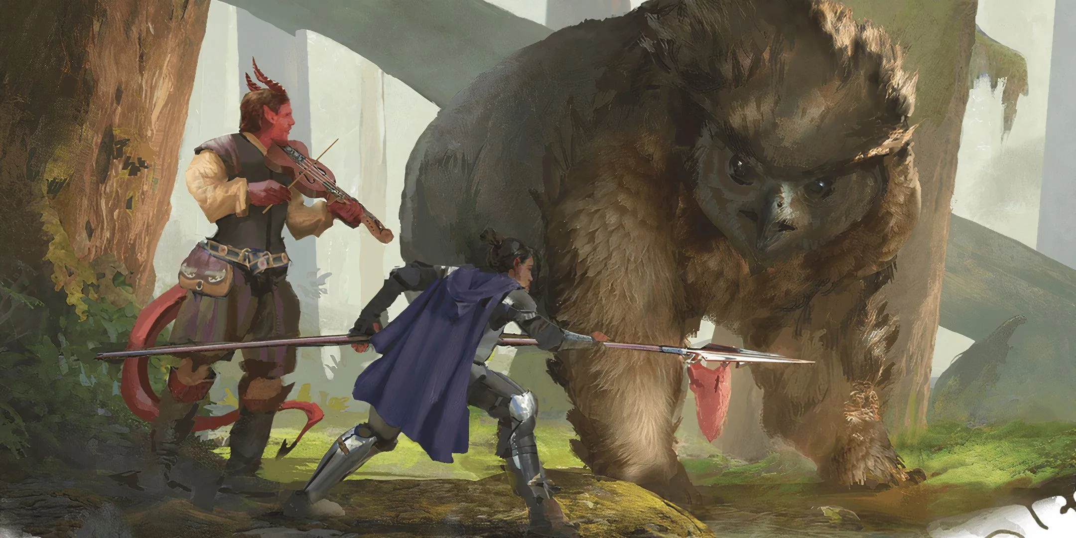 Hai nhà thám hiểm đang đàm phán với một Owlbear, cho thấy sự tương tác và vai trò của người chơi kinh nghiệm.