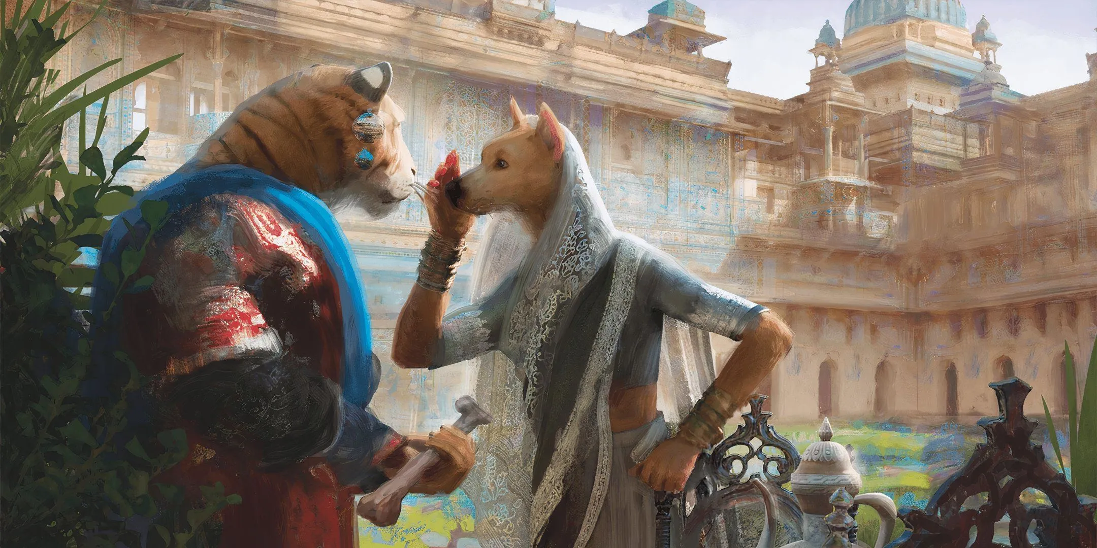 Hai nhân vật animalfolk trò chuyện thân mật trong Citadell Cerulean, minh họa cho sự giao tiếp quan trọng trong D&amp;D.