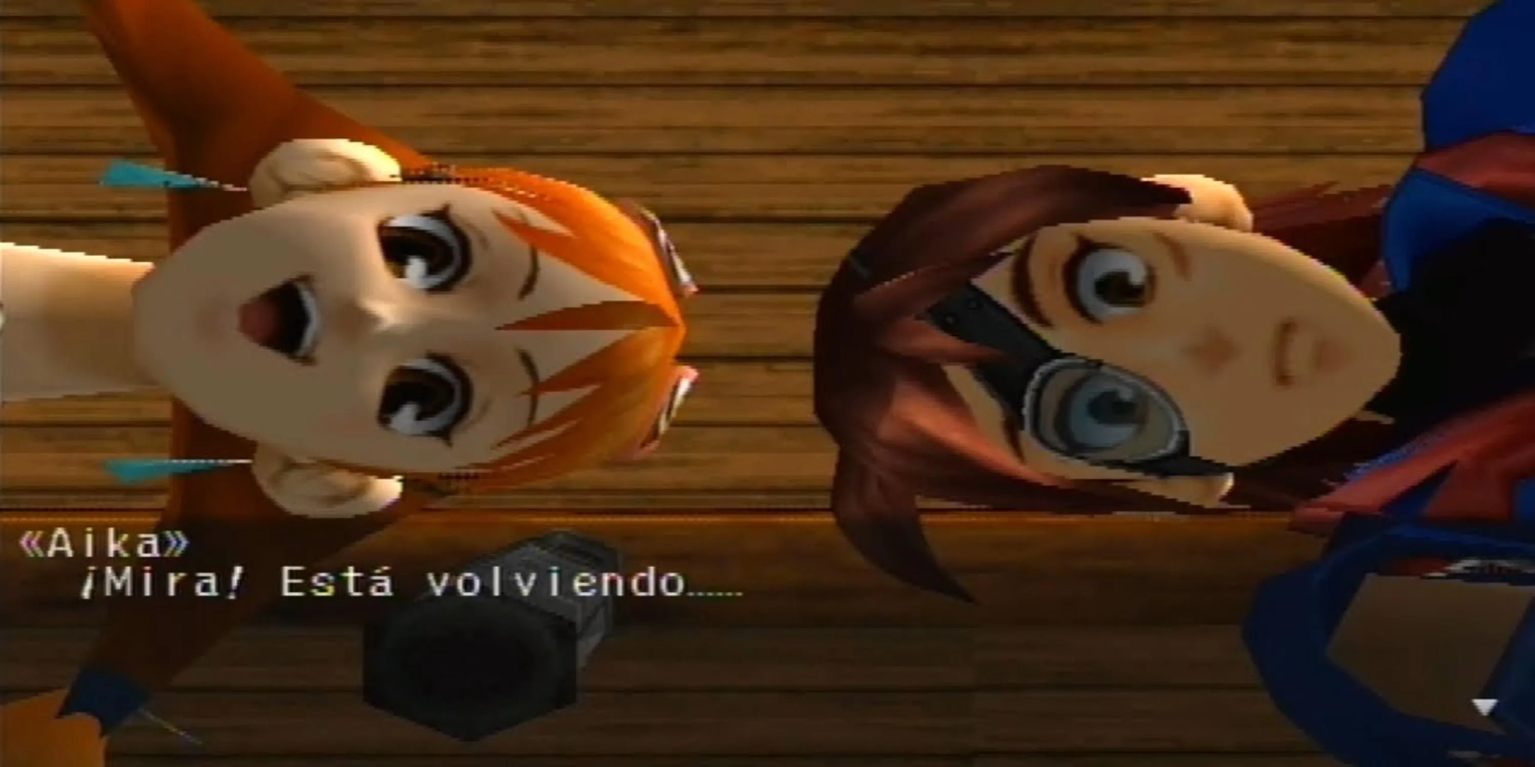 Hai nhân vật chính Vyse và Aika trong Skies of Arcadia Legends nhìn xuống, thể hiện không gian rộng lớn của thế giới bay bổng và phiêu lưu trên không.