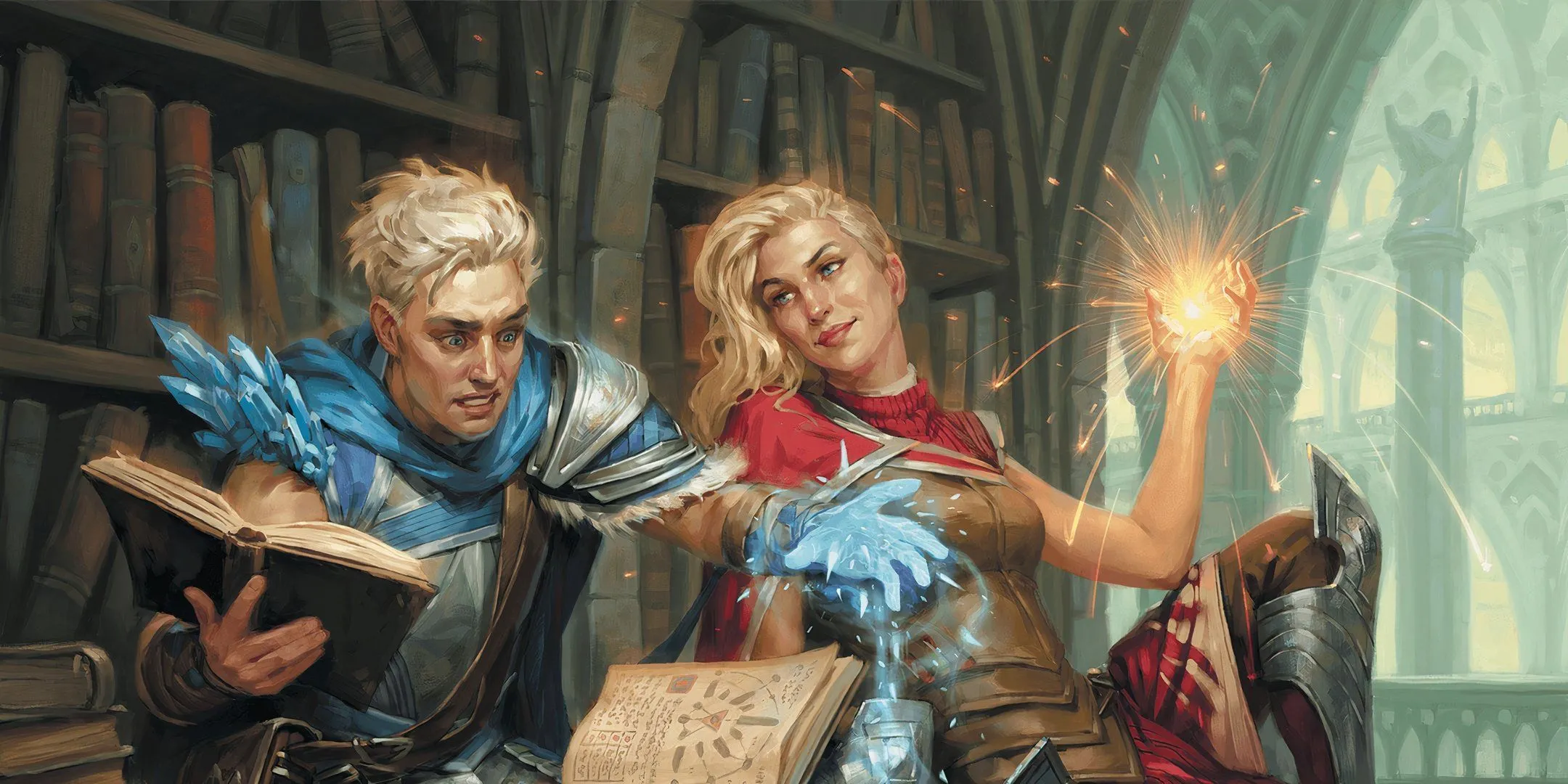 Hai sinh viên Strixhaven D&amp;D đang học bài, thể hiện môi trường học thuật