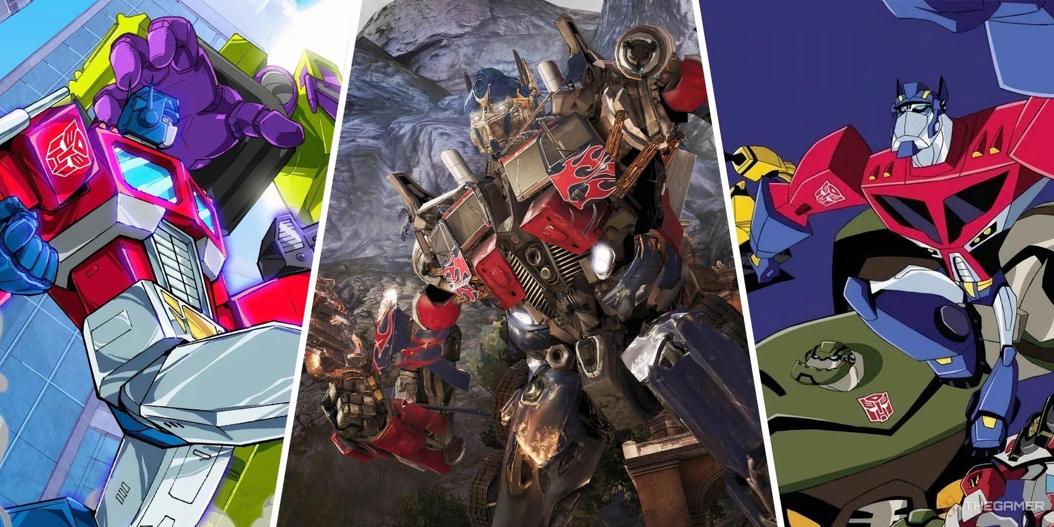 Hình ảnh collage Optimus Prime từ các game và series Transformers khác nhau, bao gồm Devastation.
