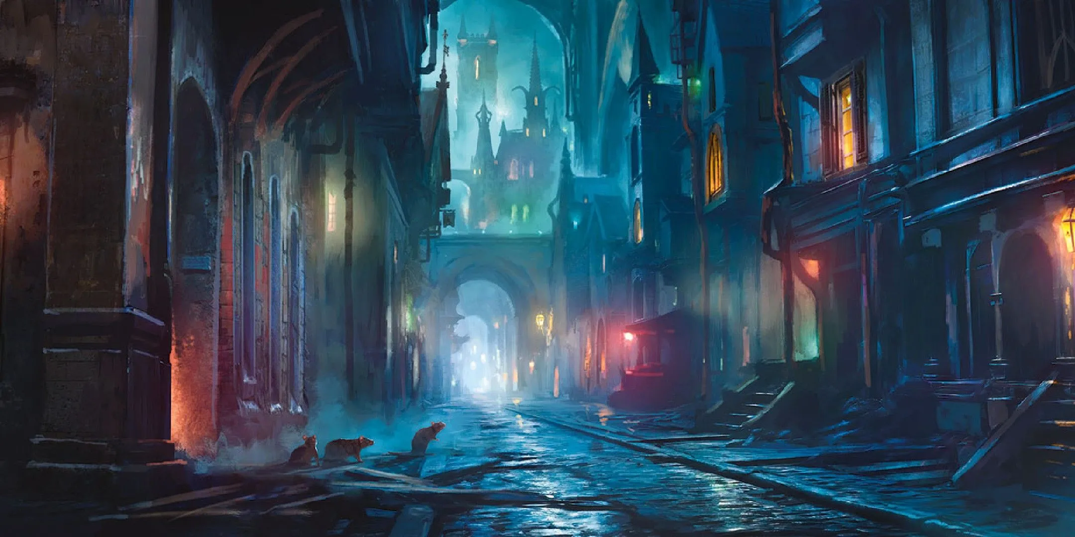 Hình ảnh con phố tối tăm trong Dungeons &amp; Dragons, với một nhân vật Kẻ Lãng Du (Wayfarer) đang dò dẫm bước đi, thể hiện sự độc lập, khả năng sinh tồn và thông minh đường phố.