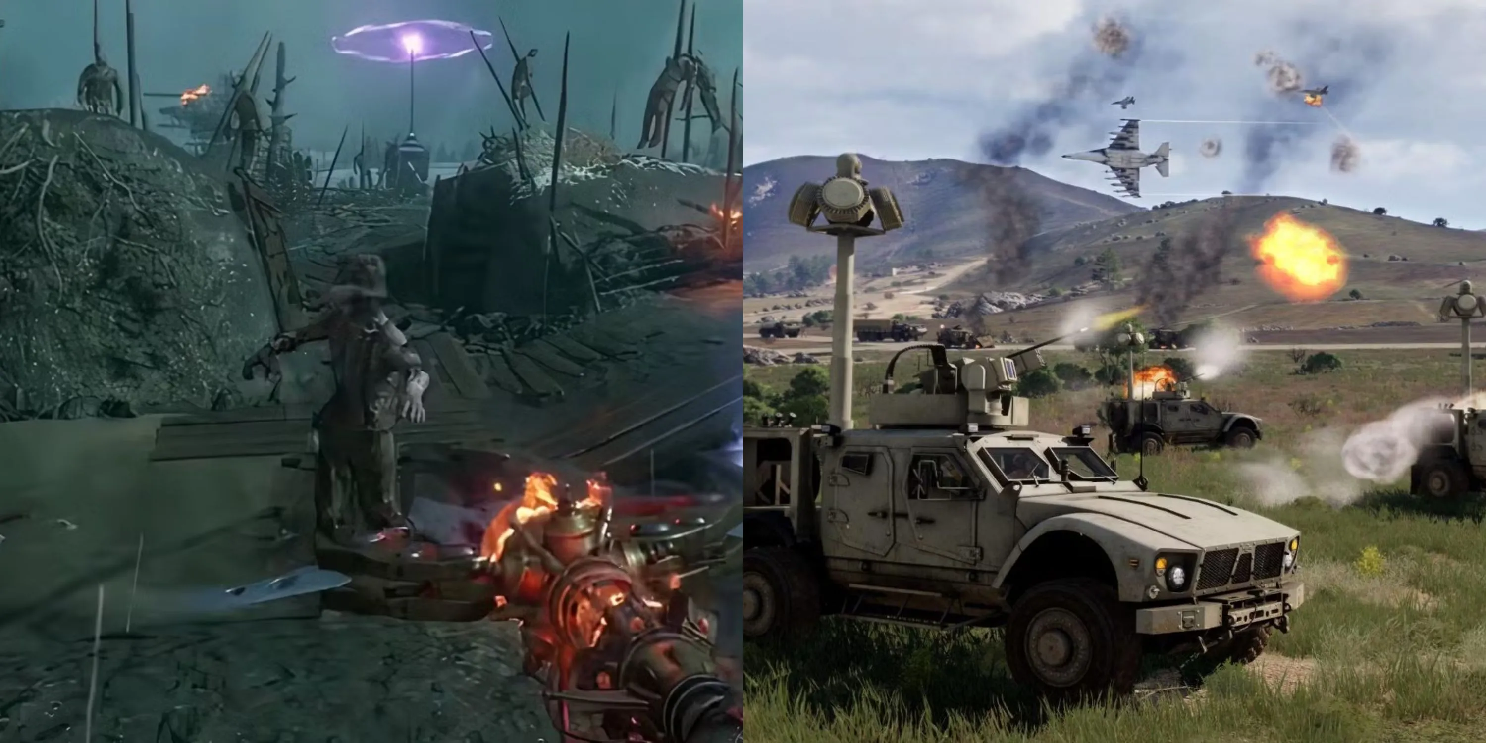 Hình ảnh tổng hợp cảnh chiến đấu trong Call of Duty Black Ops 2 và ARMA 3, thể hiện sự đa dạng chiến trường FPS chơi đơn