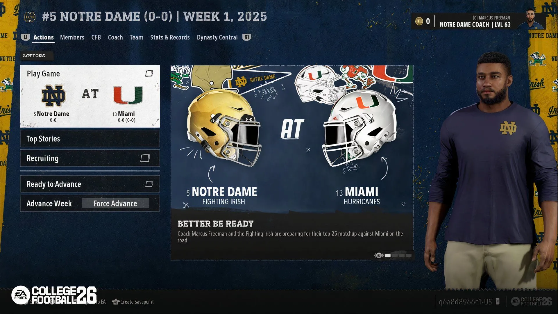 Huấn luyện viên Freeman trên sân trong Dynasty Mode của College Football 26, thể hiện tùy chọn tạo huấn luyện viên và hệ thống tuyển dụng nâng cấp.