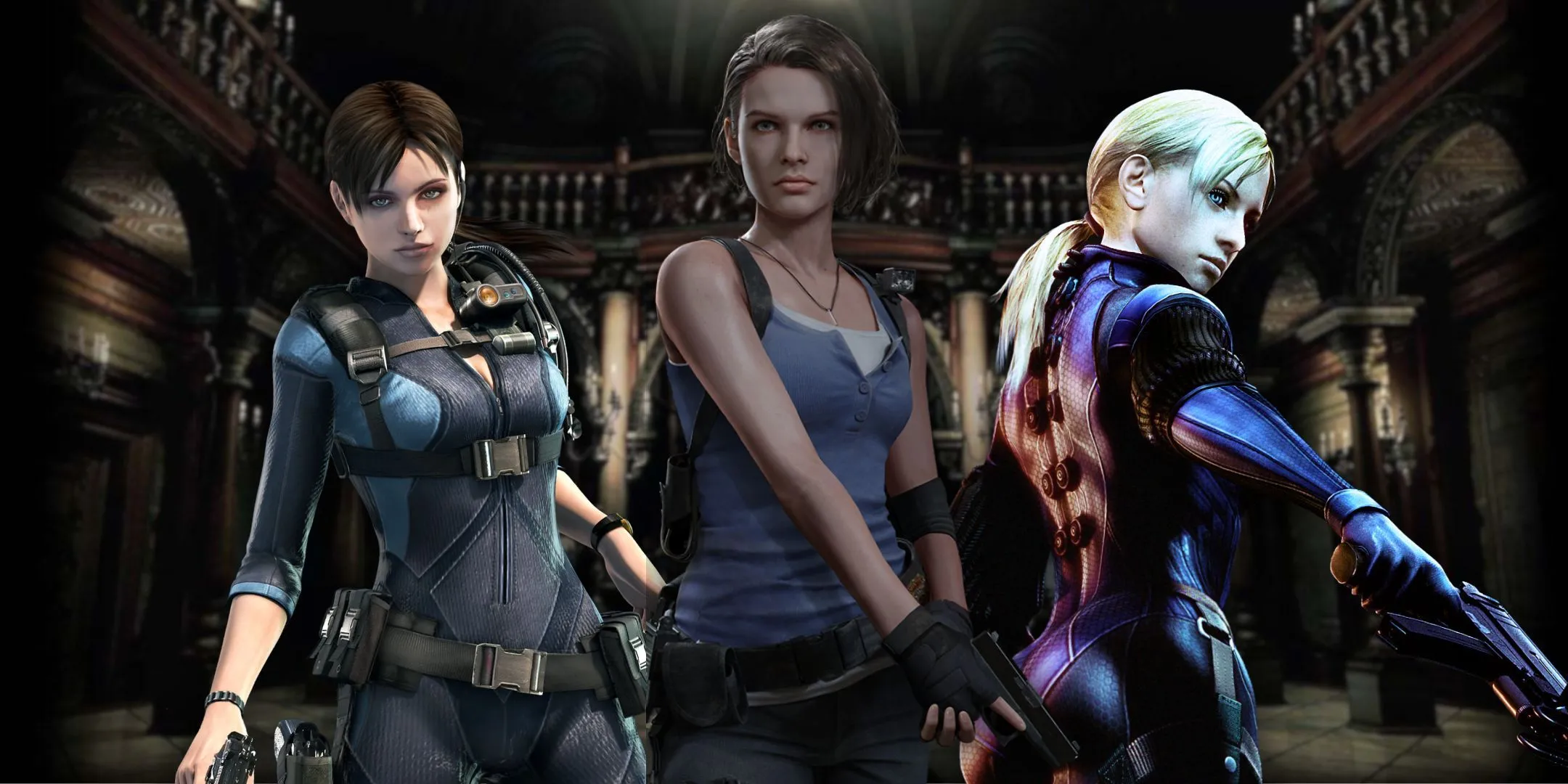 Jill Valentine trong Resident Evil trước biệt thự Spencer, biểu tượng của sự sống sót trong game kinh dị.