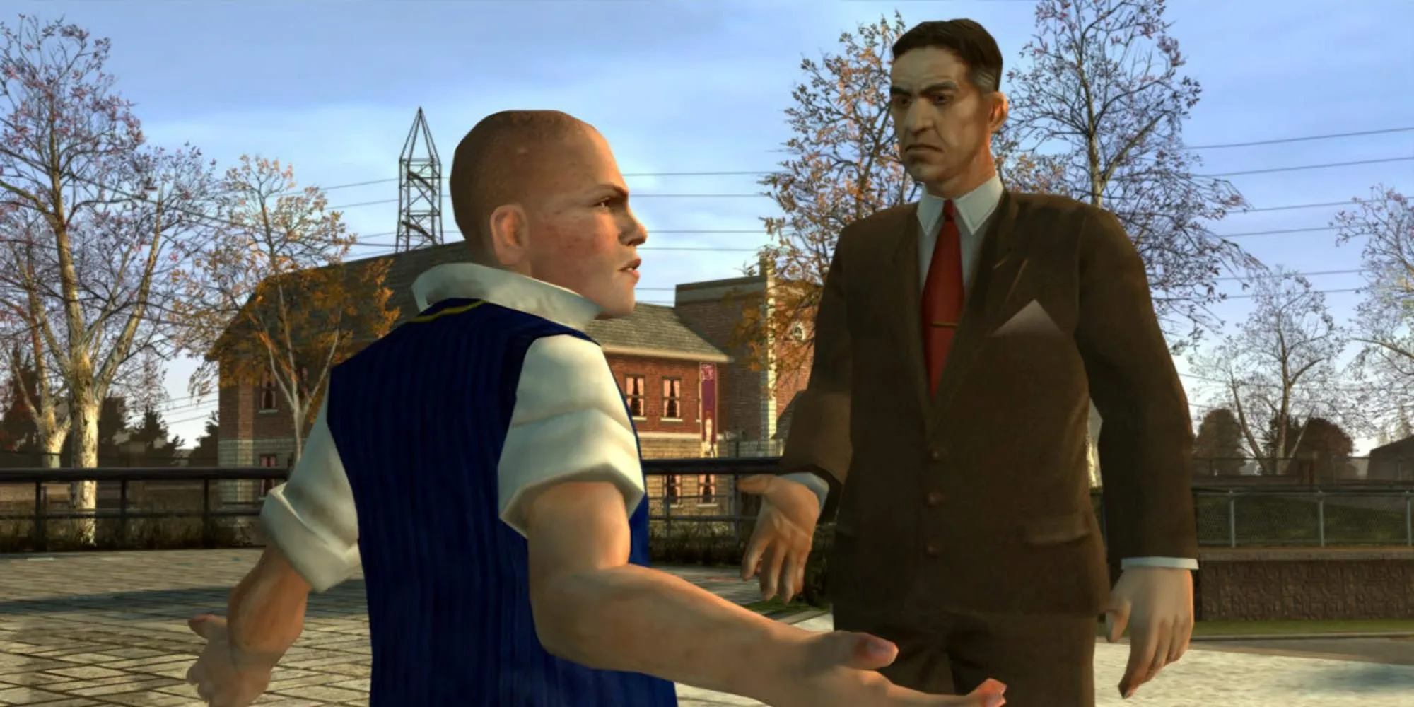 Jimmy Hopkins đứng trước hiệu trưởng tại học viện Bullworth trong tựa game Bully