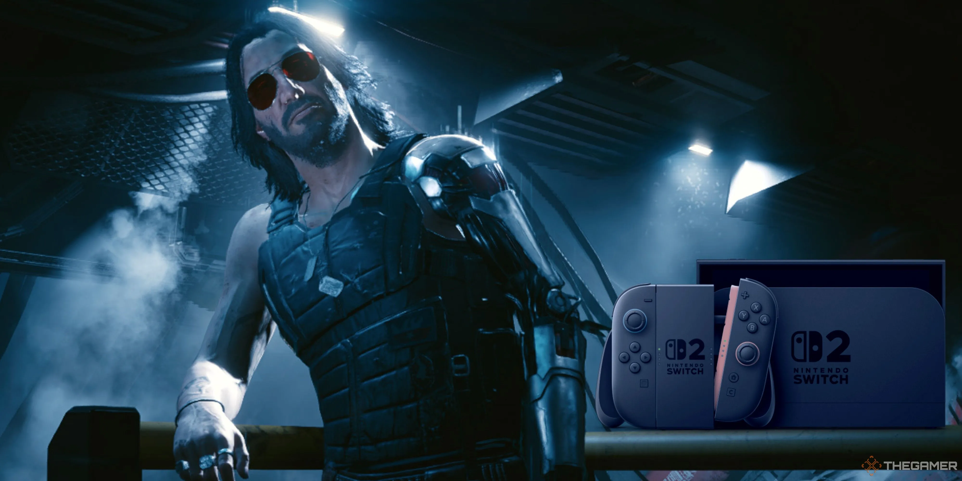 Johnny Silverhand đứng cạnh một trạm quảng cáo trong Night City, Cyberpunk 2077, biểu tượng của một thế giới ảo từng bị nghi ngờ về ngày ra mắt.