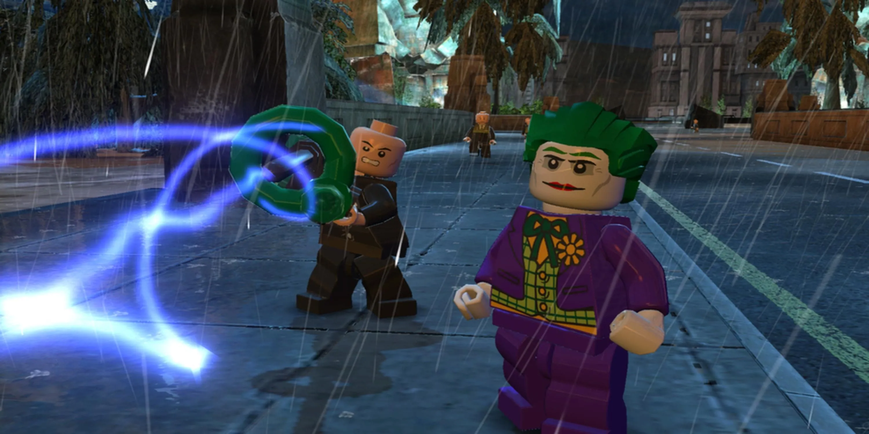 Joker và tay sai dùng súng laser trên đường phố trong Lego Batman 2 DC Super Heroes