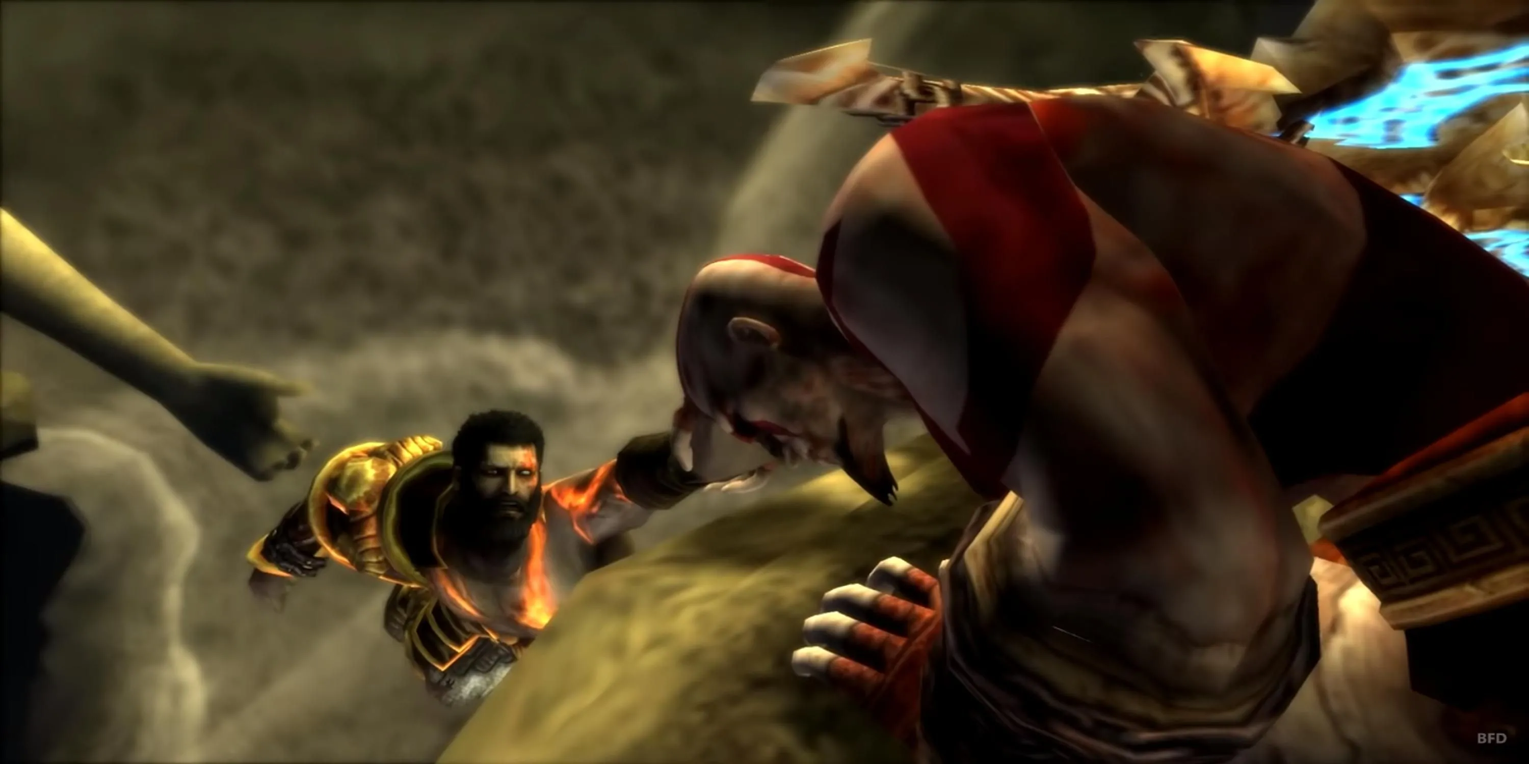 Kratos và người anh em Deimos trong một khoảnh khắc cốt truyện đầy cảm xúc của God of War: Ghost of Sparta, game đỉnh cao đồ họa trên PSP.