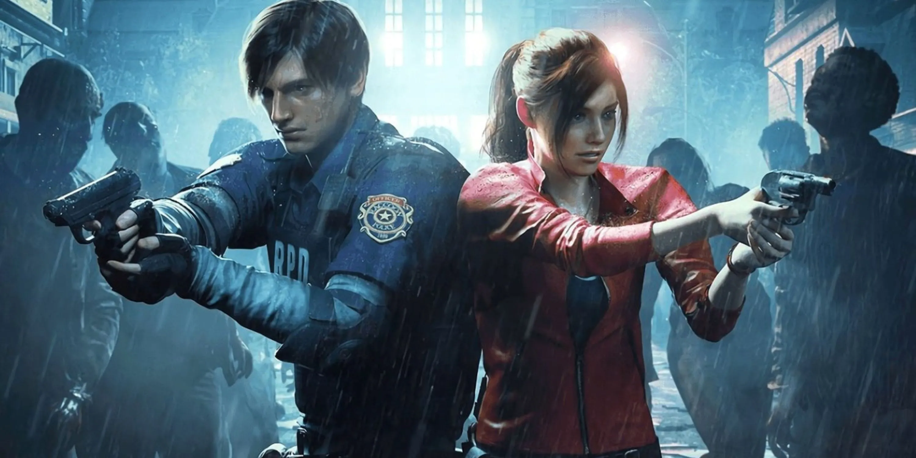 Leon Kennedy và Claire Redfield chiến đấu với zombie trong Resident Evil 2 Remake