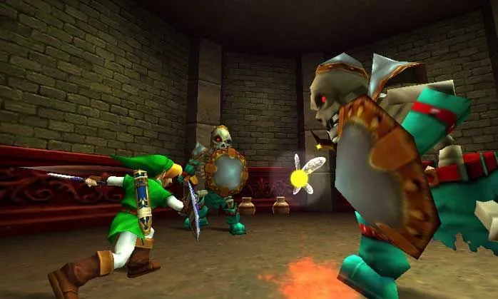 Link khám phá một hầm ngục trong game Zelda Ocarina of Time 3D