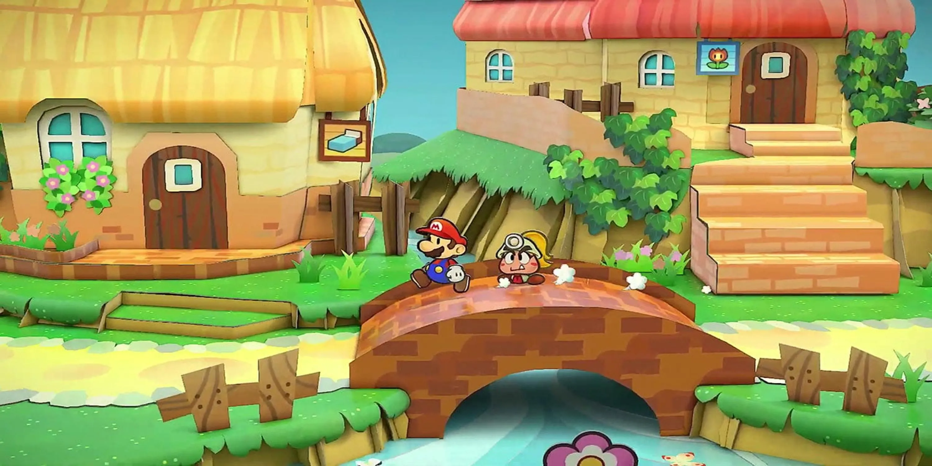 Mario và các đồng đội đi bộ qua cầu trong Paper Mario: The Thousand-Year Door, thể hiện phong cách đồ họa giấy và thế giới phiêu lưu độc đáo.