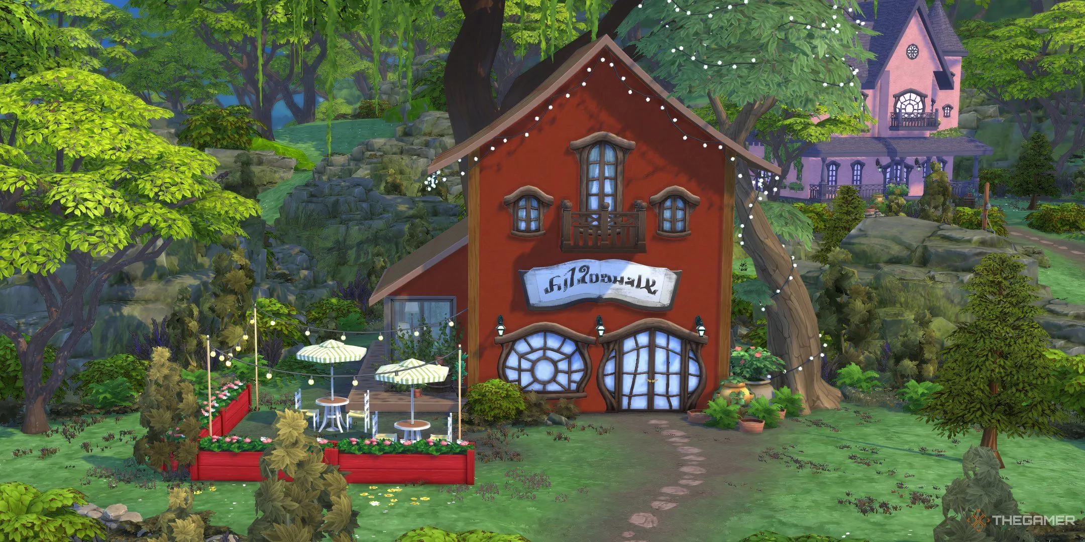 Mặt tiền hiệu sách ở Rừng Sprucederry trong The Sims 4 Enchanted By Nature.