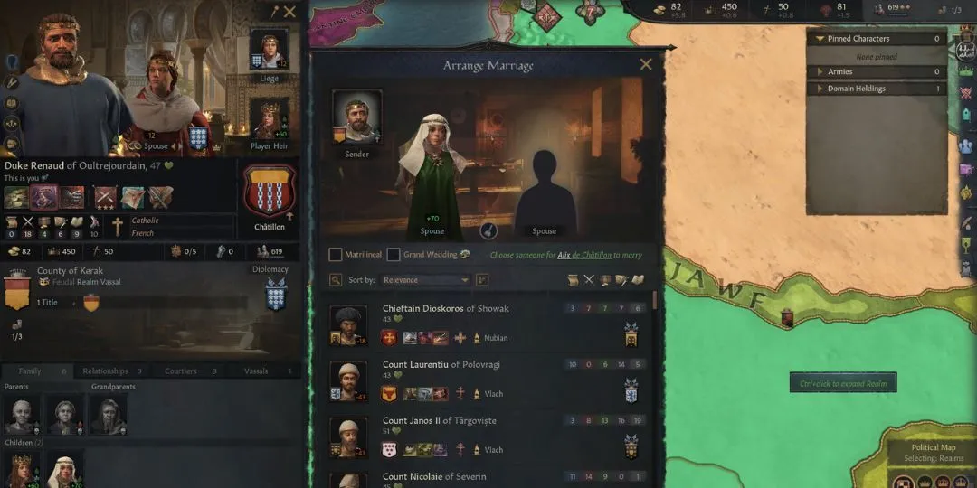 Một bá tước bắt đầu sắp xếp hôn nhân cho con gái mình trong Crusader Kings 3, minh họa sự phức tạp của các mối quan hệ và lựa chọn trong game.