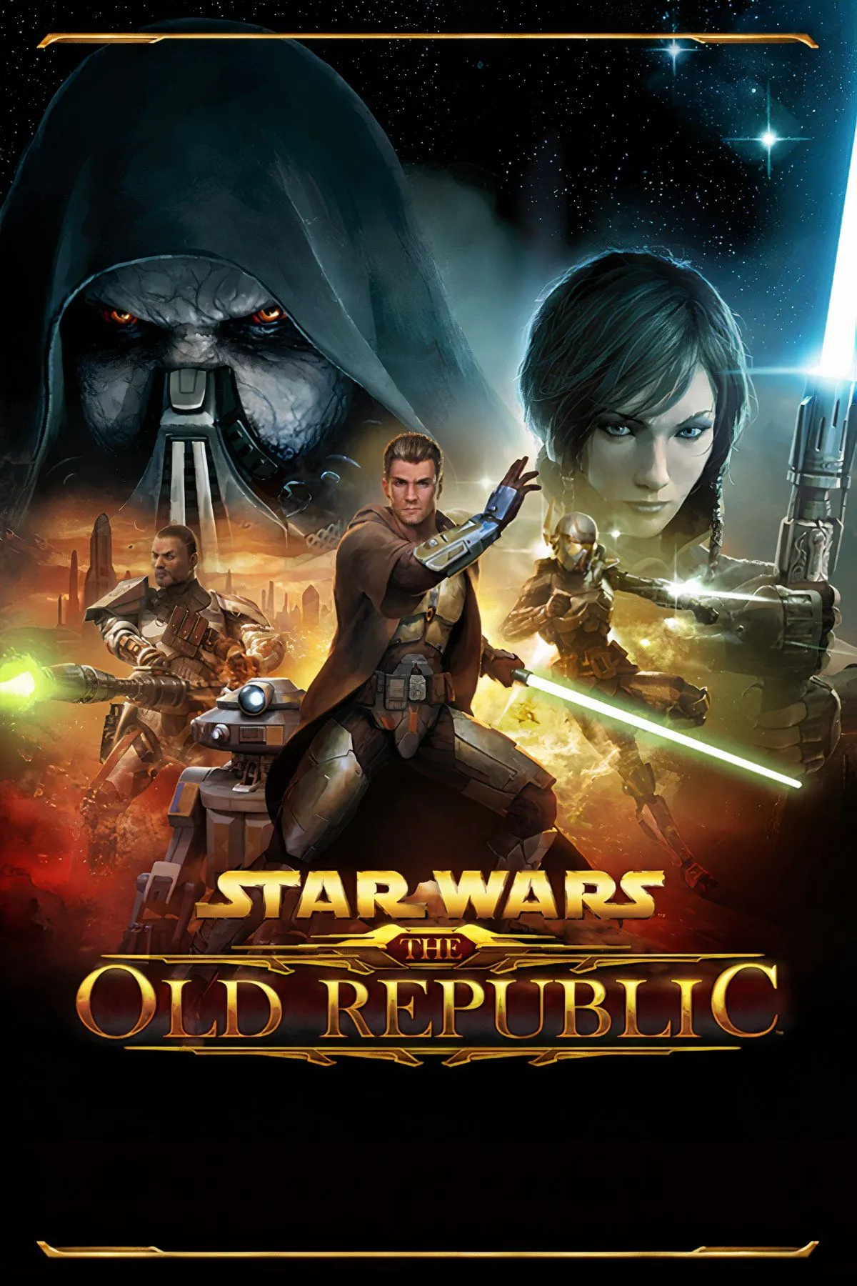 Một cảnh trong Star Wars: The Old Republic, hiển thị một nhân vật Jedi hoặc Sith với vũ khí ánh sáng trong môi trường sci-fi cổ điển.