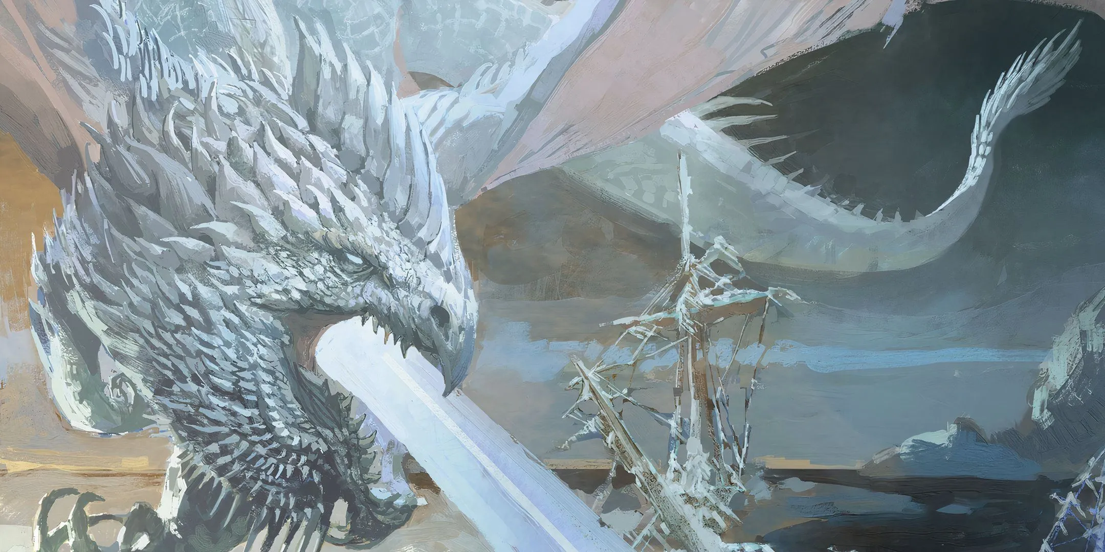 Một con Rồng Trắng Cổ Đại đang bay lượn trên bầu trời trong thế giới Dungeons &amp; Dragons, minh họa cho phép thuật Hơi Thở Rồng.