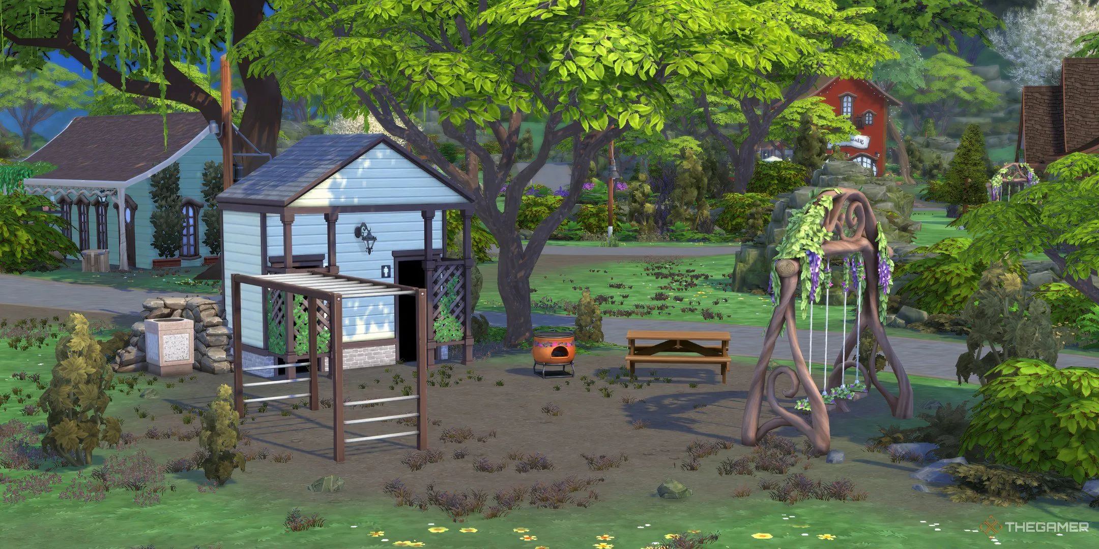 Một công viên nhỏ với xích đu, nhà vệ sinh và khung leo trèo ở Rừng Sprucederry trong The Sims 4 Enchanted By Nature.