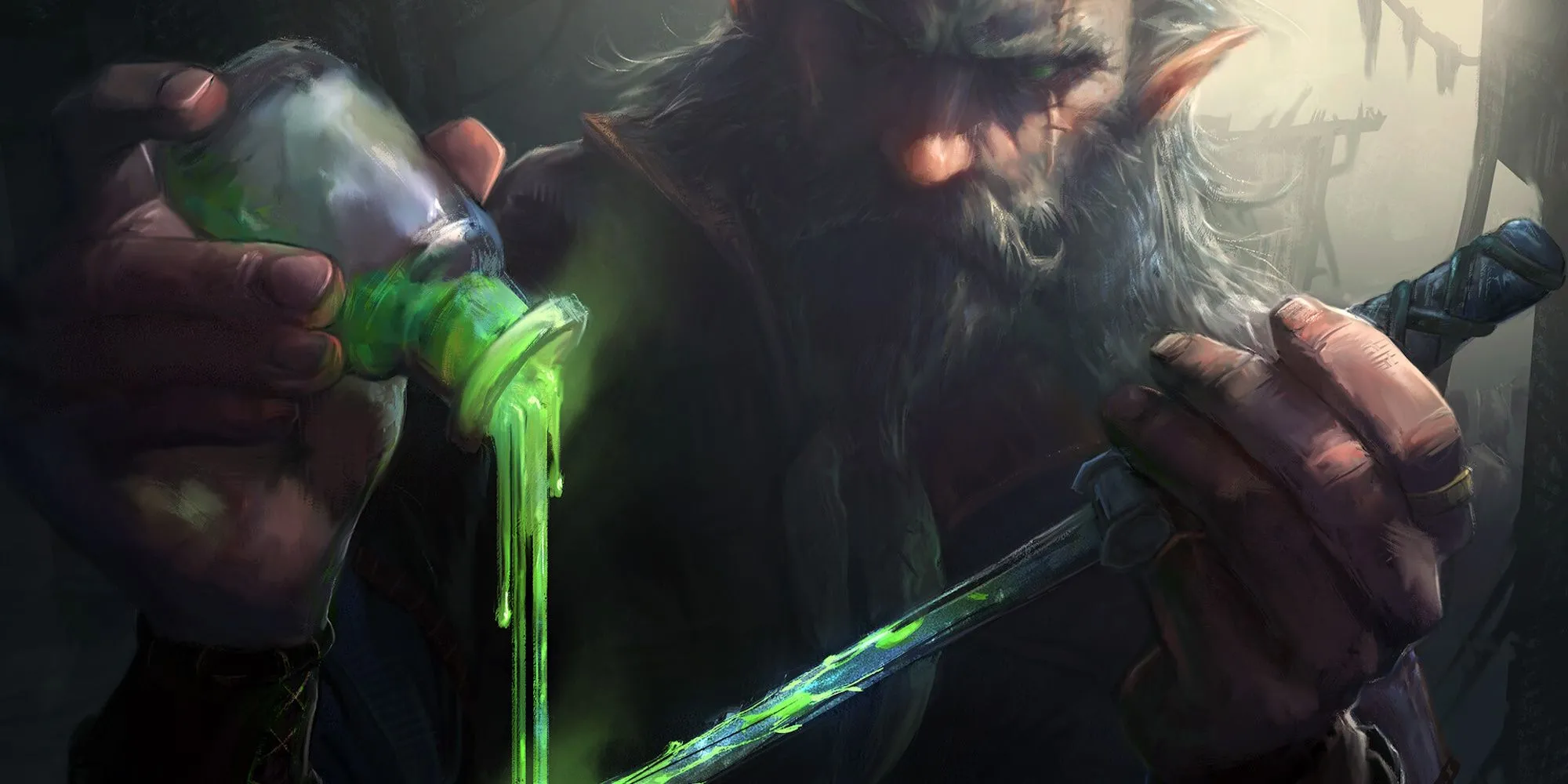 Một nhân vật đang tẩm độc lên lưỡi kiếm, minh họa khả năng của Feat Poisoner trong D&amp;D
