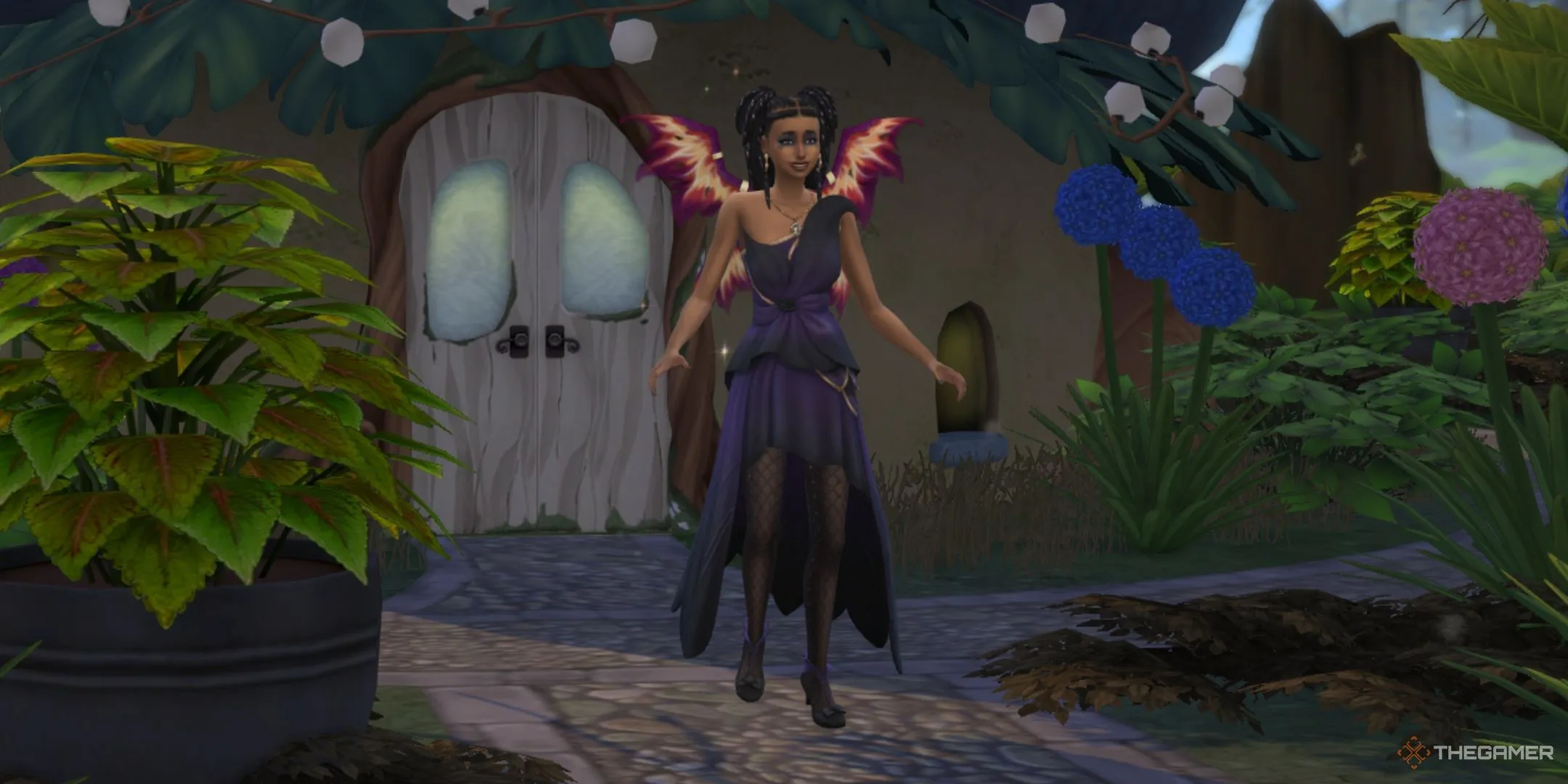 Một Sim bay lượn bên ngoài trung tâm tiên Mossveil Fairy Hub tại Everdew trong The Sims 4 Enchanted By Nature.