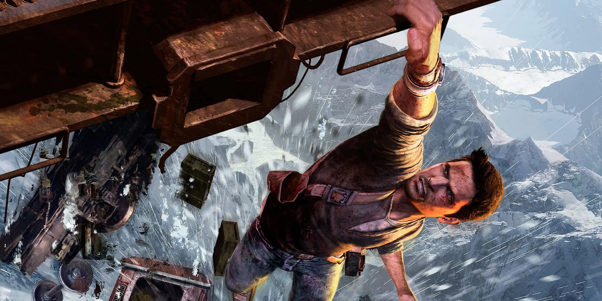 Nathan Drake bám vào đoàn tàu đang sập trong Uncharted 2: Among Thieves, minh họa tình huống &quot;Ah, C**!&quot;