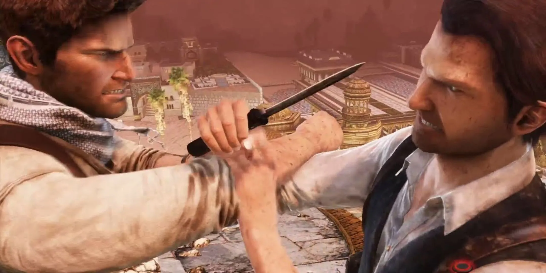 Nathan Drake vật lộn với Talbot trong Uncharted 3 Drake