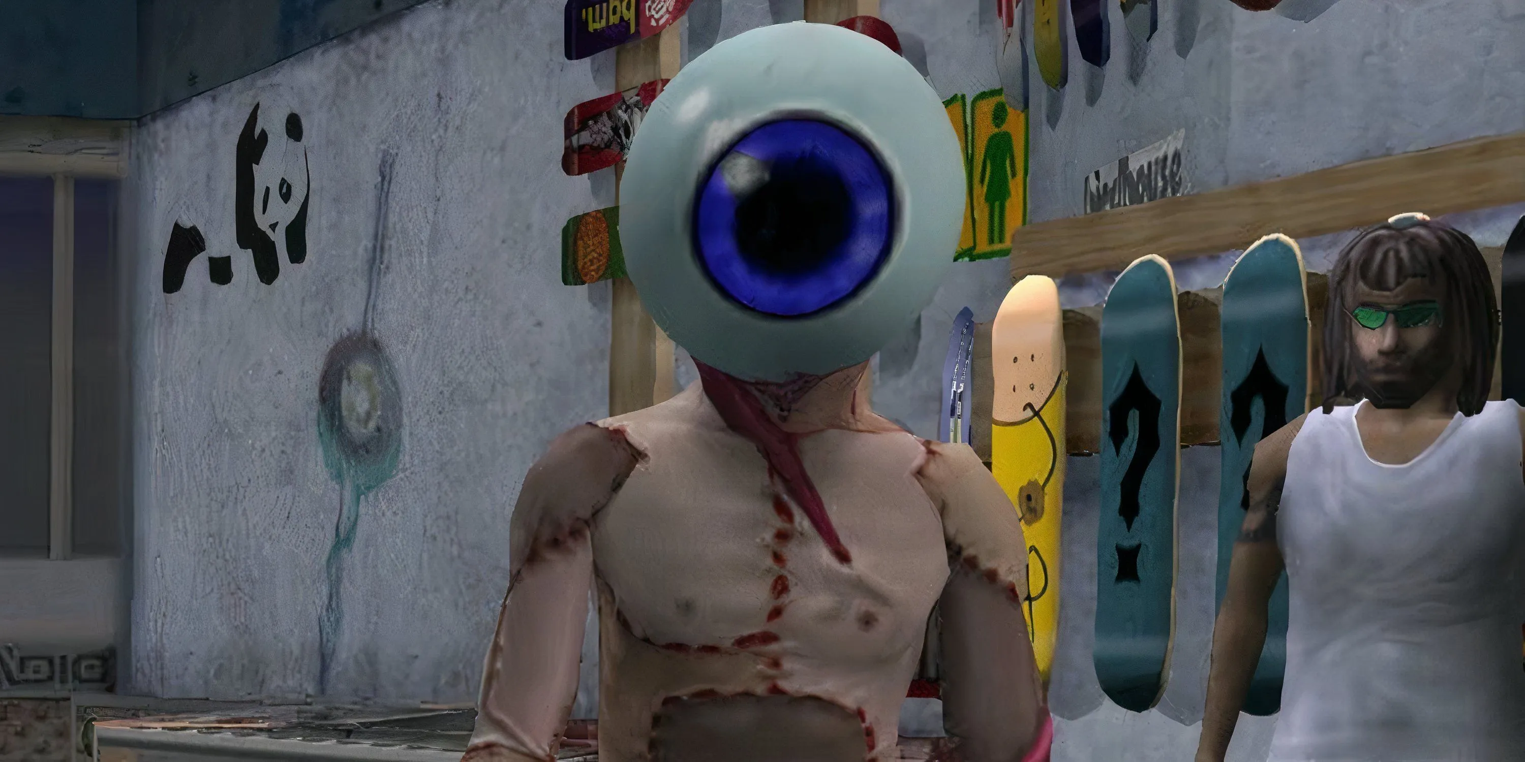 Neversoft Eyeball đứng trong cửa hàng trượt ván trong Tony Hawk's Pro Skater 3