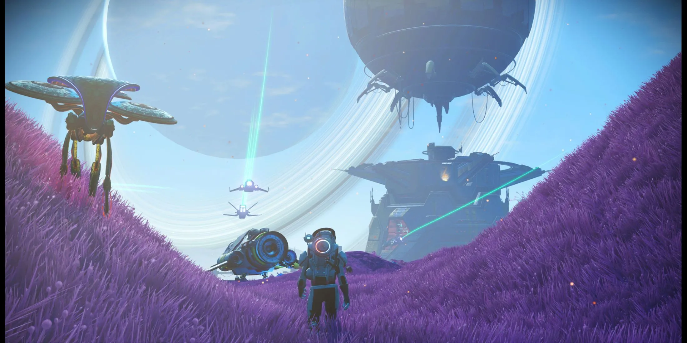 Người chơi đứng cạnh tàu và căn cứ trên hành tinh xa xôi trong No Man's Sky