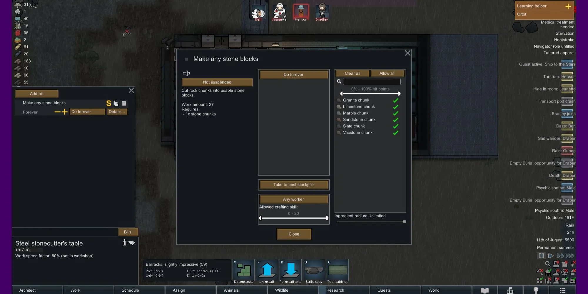Người chơi RimWorld đang xem tùy chọn chế tác khối đá tại bàn Stonecutter