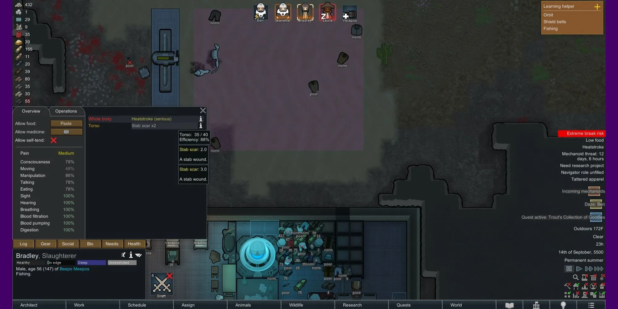 Người chơi RimWorld kiểm tra tác động của sẹo đâm lên thuộc địa viên