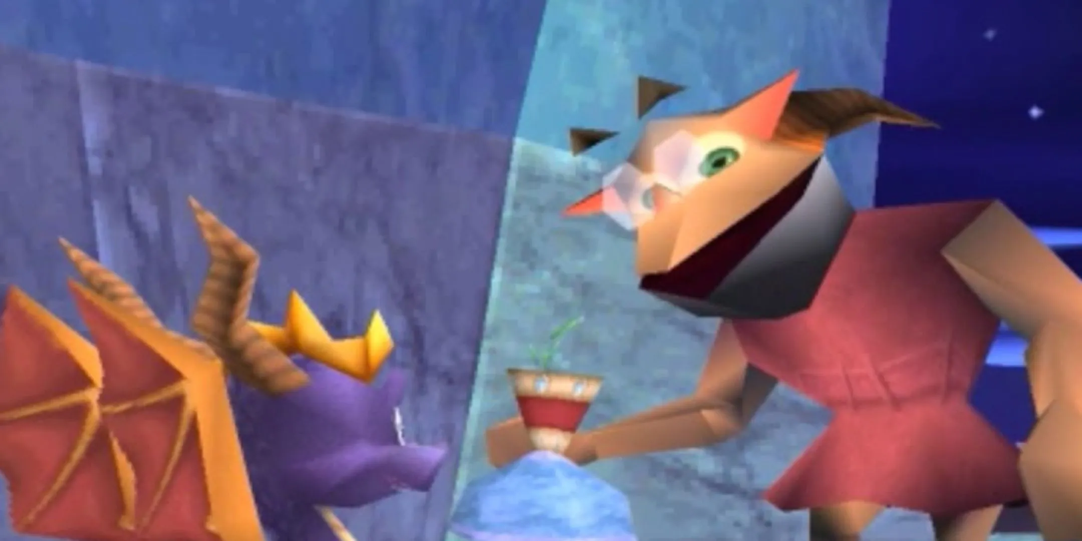 Nhân vật Alchemist đang cầm bình thuốc và trò chuyện với Spyro trong game Spyro 2, đại diện cho loại nhiệm vụ hộ tống thường gặp.