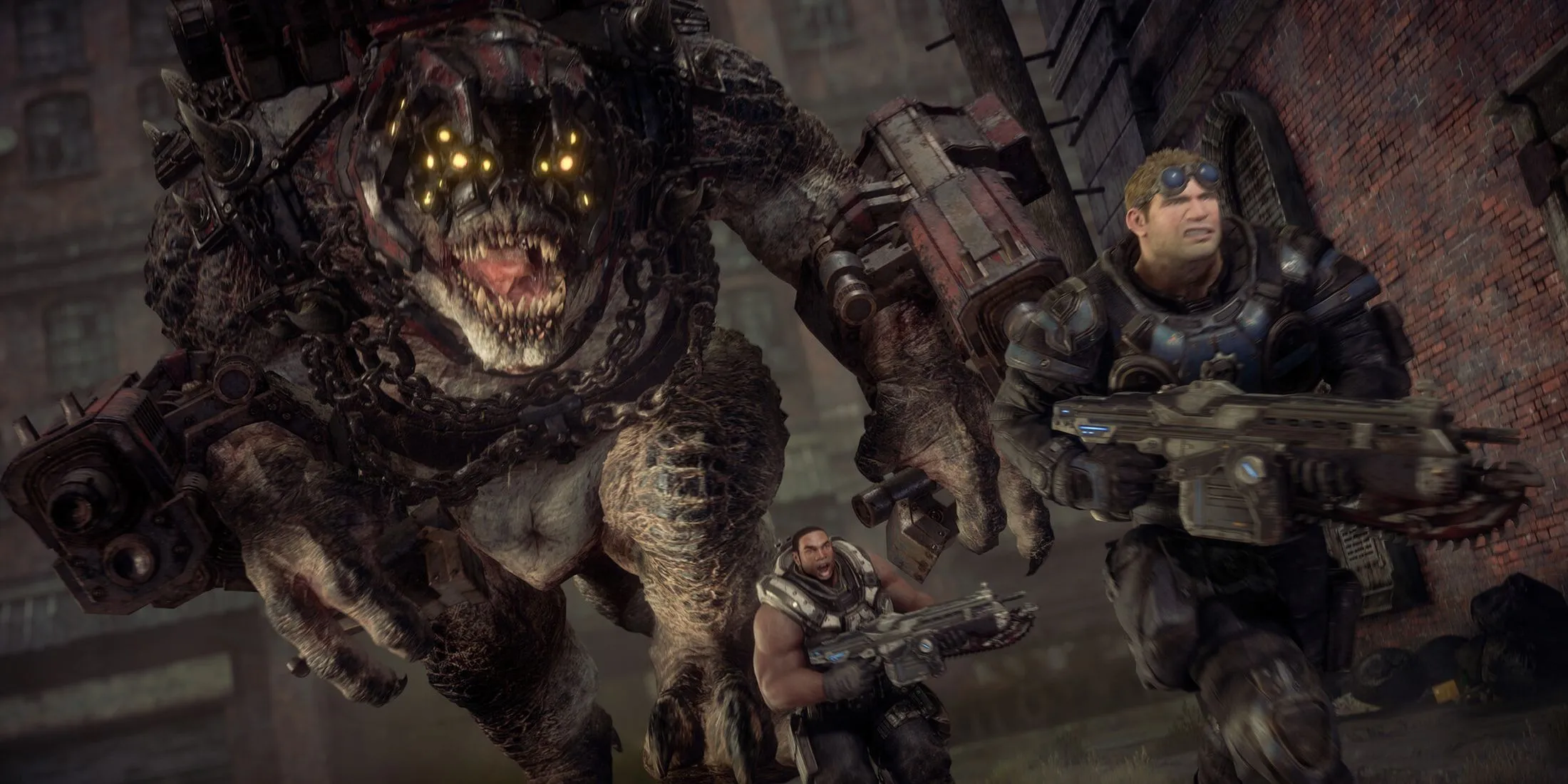 Nhân vật Baird và Cole chạy trốn quái vật khổng lồ trong Gears of War Reloaded